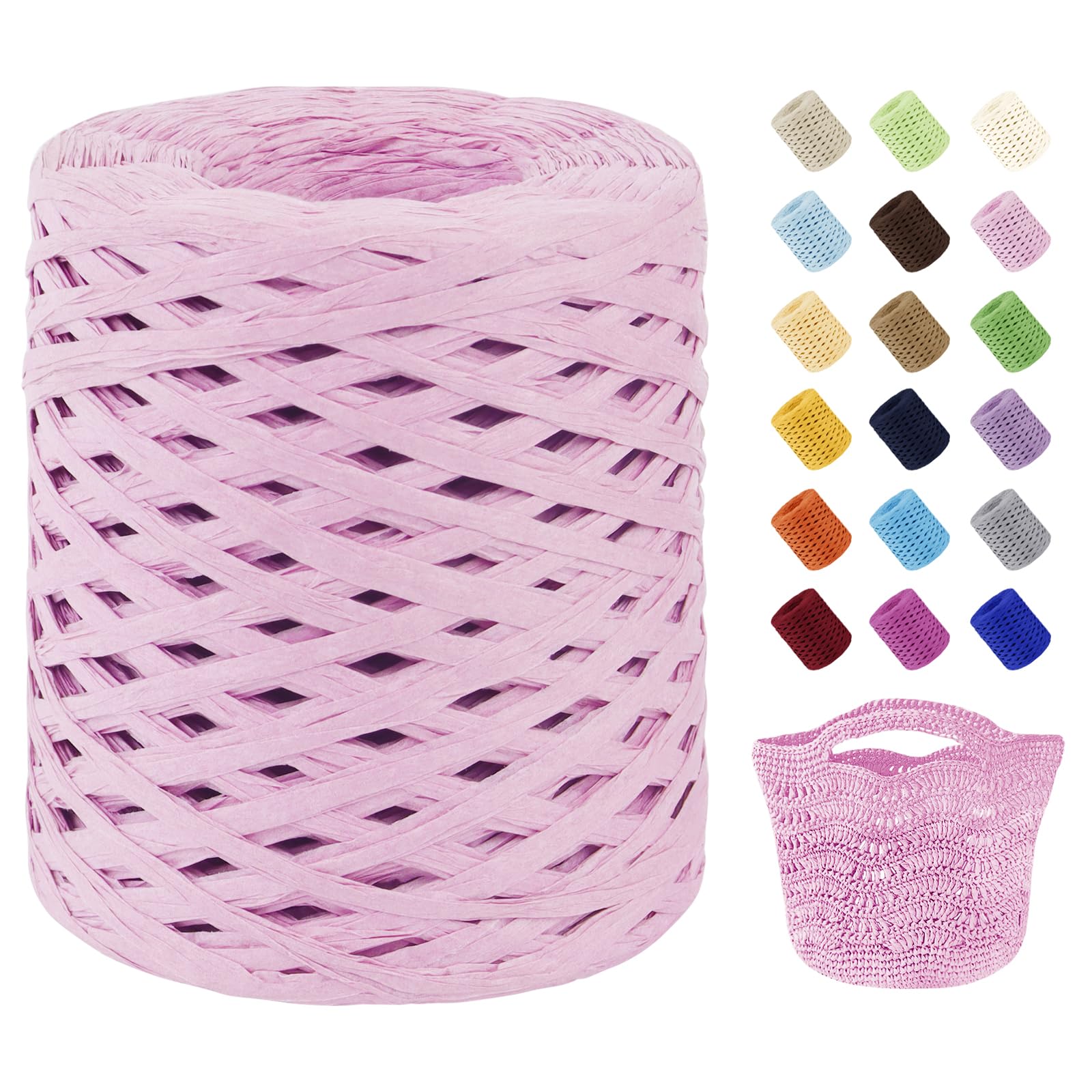 Uiopa Raffia Ribbon for Crochet, 3mm x 200m Raffia Paper Ribbon Straw Crochet Yarn for Crocheting Beach Bags, Sun Hats, Home Decor, DIY Crafts (Pink)