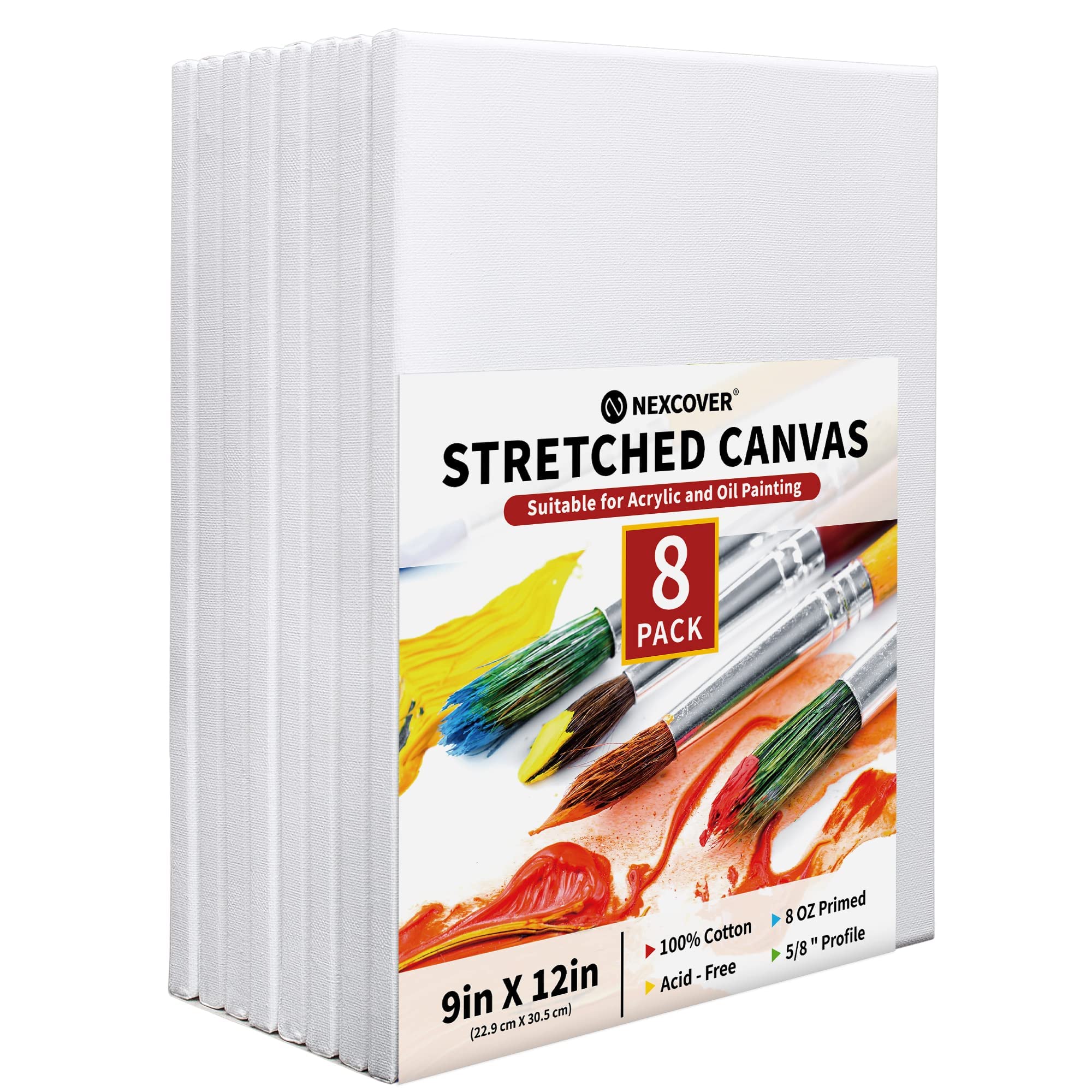 NEXCOVER Stretched Canvas - 8 Pack 9x12 Inch, 5/8” Profile, 100% Cotton Art Canvas, Triple Primed White Blank Canvases, Acid-Free, Artist Painting Canvas for Acrylic, Oil, Tempera, Gouache Paint