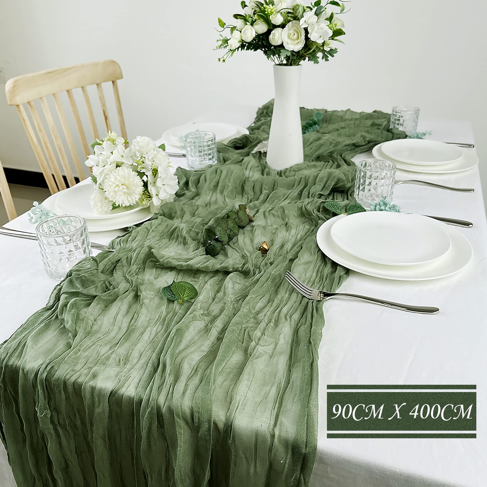 Runner Da Tavola In Garza Verde, 90x300 Cm, Con Pieghe. Tessuto Naturale Per Decorazioni Matrimoni, Feste E Cene