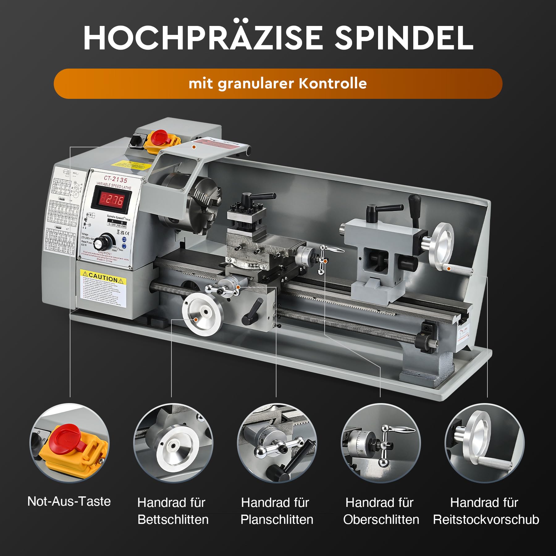 CREWORKS Metalldrehmaschine 600W Drehmaschine 8 x 14 Zoll Tischdrehmaschine 210 x 350MM Drehbank Metall 2250 RPM Mini-Metalldrehmaschine für Metallbearbeitung Metal Lathe (8 x 14 Zoll)