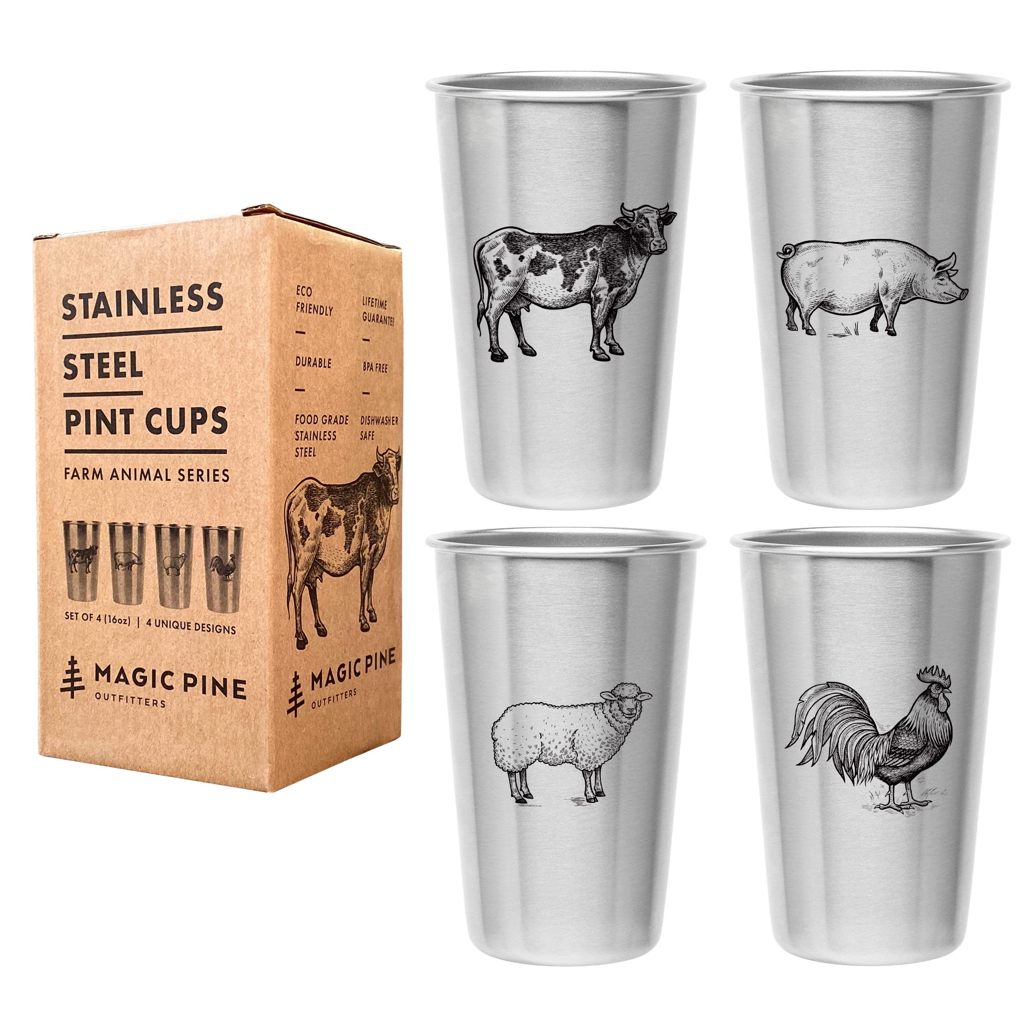 Magic Pine Kindersichere Becher (Bauernhoftier-Designs) – Set mit 4 Edelstahlbechern (473 ml)