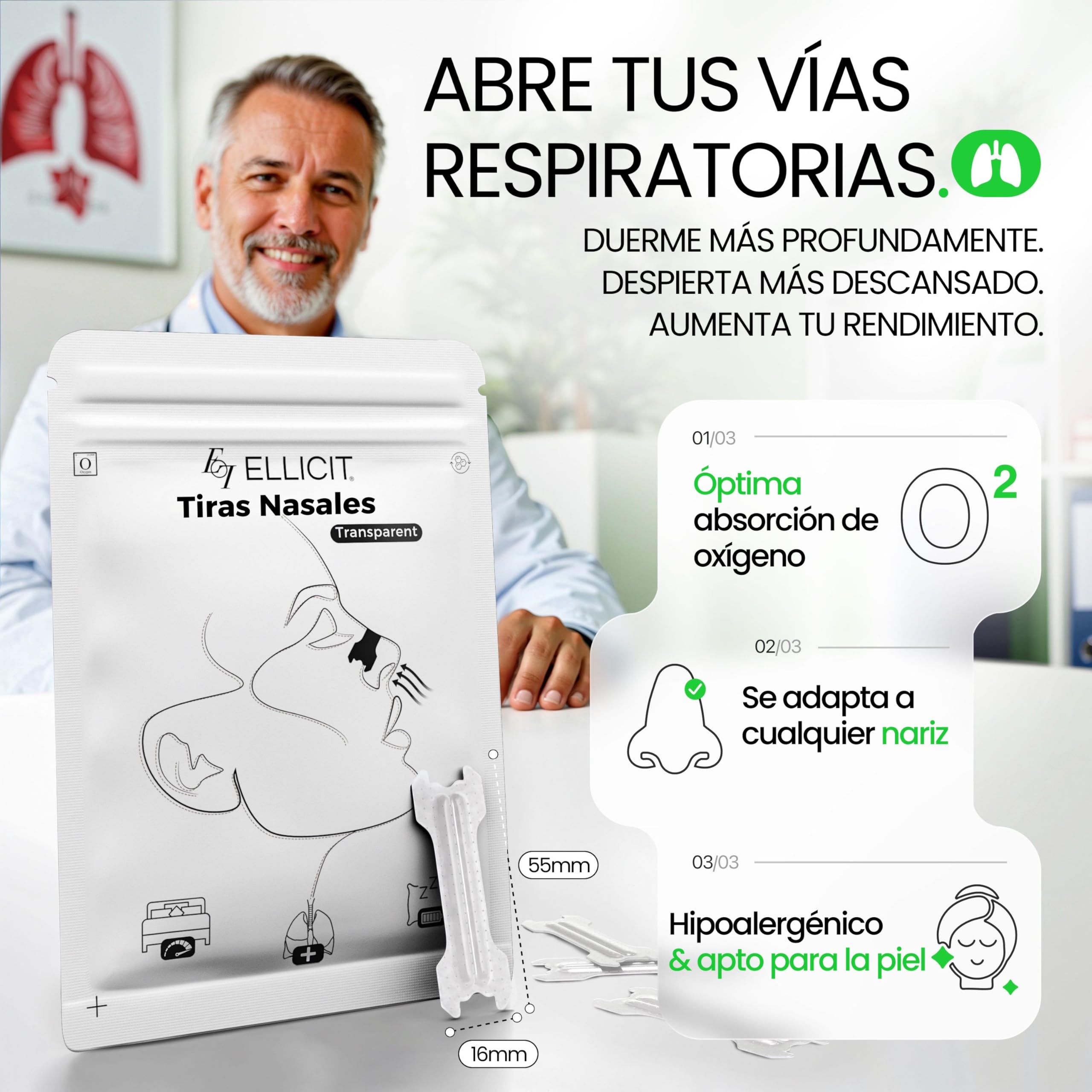 Ellicit Tiras Nasales Transparentes, paquete de 30 tiras nasales premium, contra los ronquidos, soporte extra para deportes y mejor calidad del sueño, mejor respiración con la nariz tapada