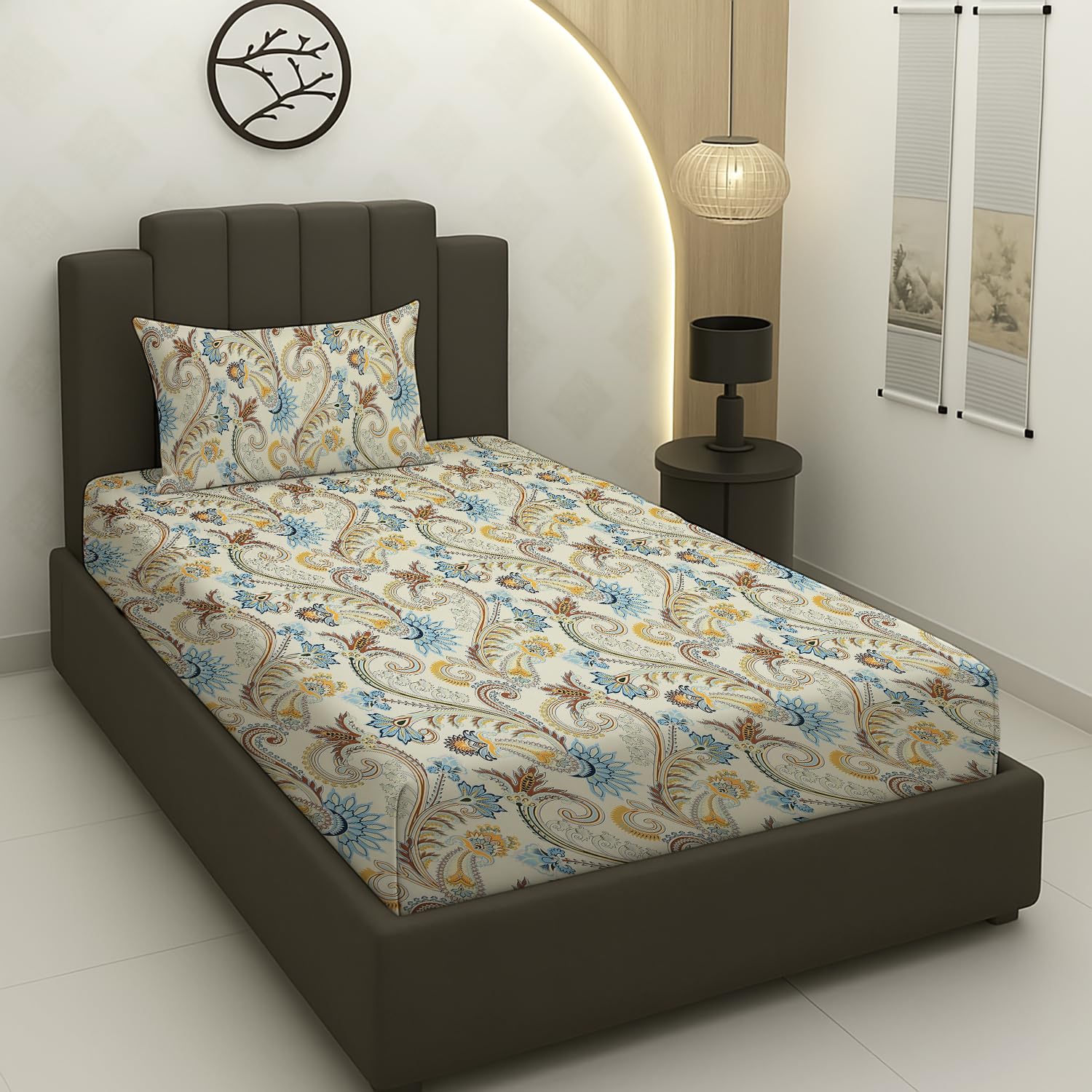 DTEX Soft Glace Cotton Feel Single Bedsheet with Pillow Cover | Mix Cotton Fabric, Floral Print Flat Sheet 90x60 inch with 18x28 inch Pillowcase, Smooth & Durable-image-40