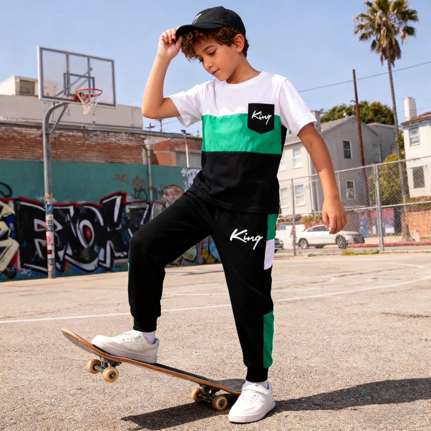 Size 6-12 Years Boys Fashion Clothes Spring Summer Short Sleeve Top & Pants Color Block Clothing Sets - Image 2