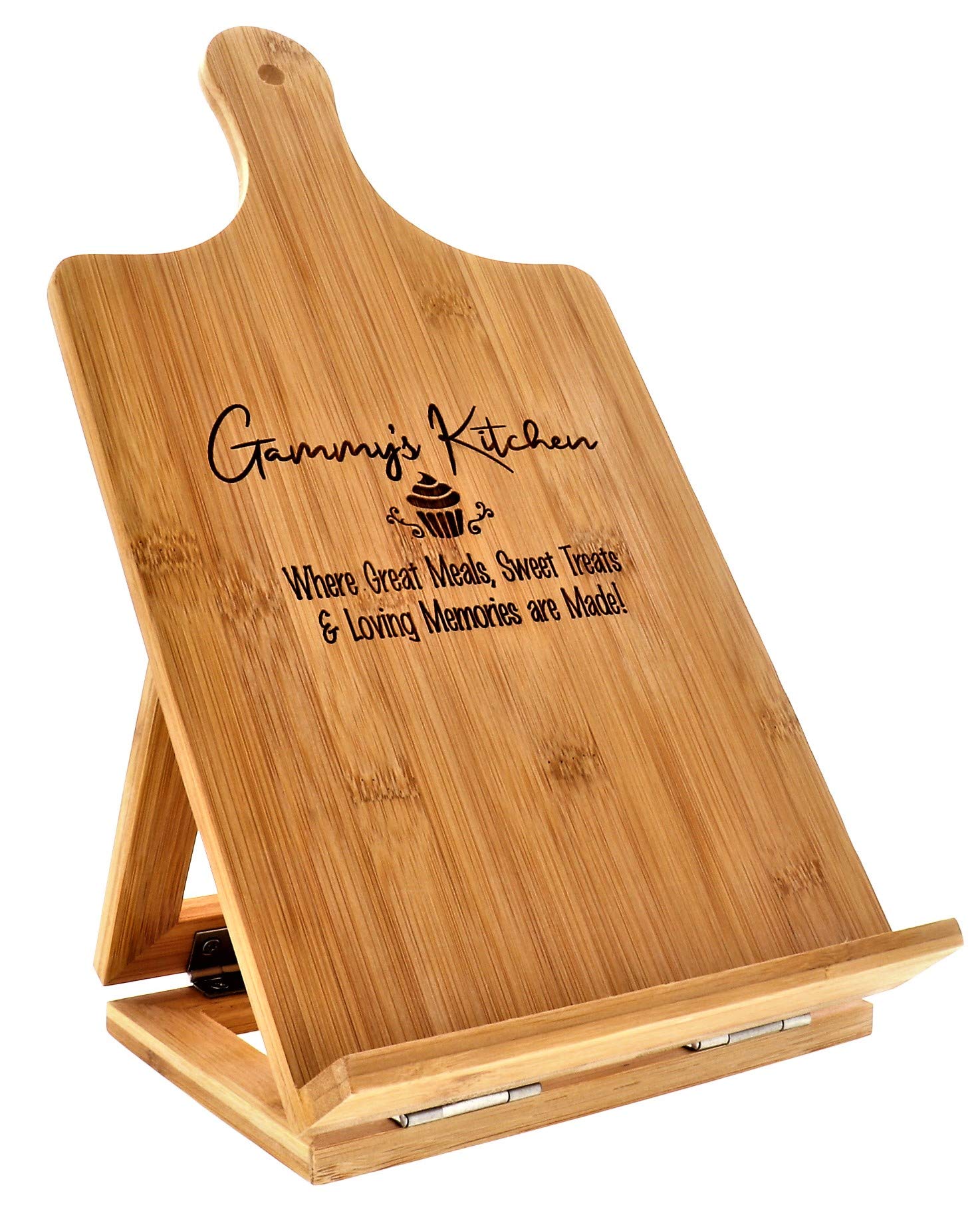 Gammy’s Recipe Cookbook Holder Stand Gift - Custom Engraved Bamboo Cutting Board Foldable Chef Easel Metal Hinges Kickstand iPad Tablet Compatible Christmas Birthday Kitchen Decor Design (7.25x13.5)