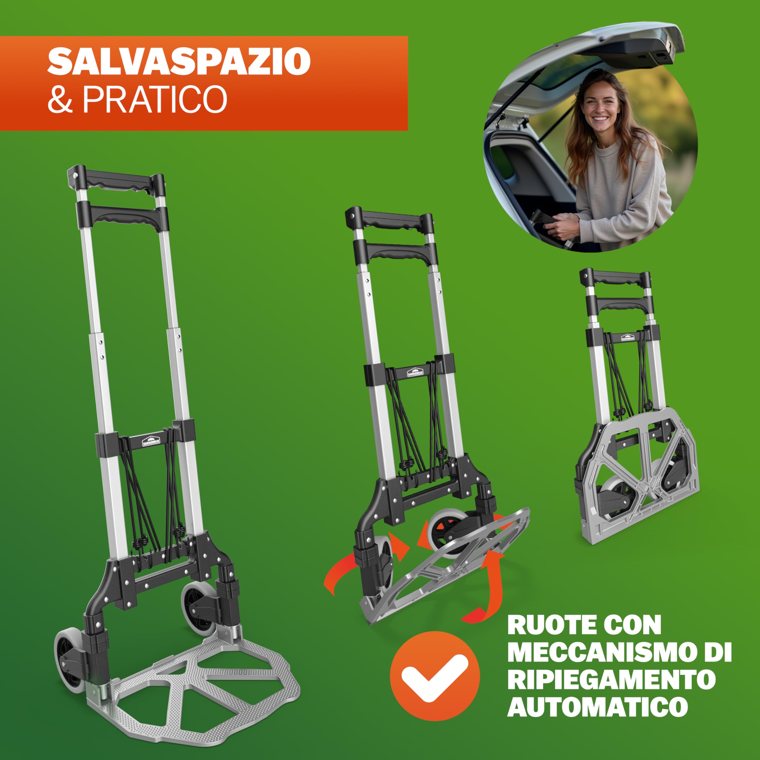 GARDEBRUK® Carrello Portatutto Pieghevole con Ruote in PP Antiforatura 80Kg Alluminio Incl. Guanti 2 Corde Carrellino Portapacchi Trasloco Scatole