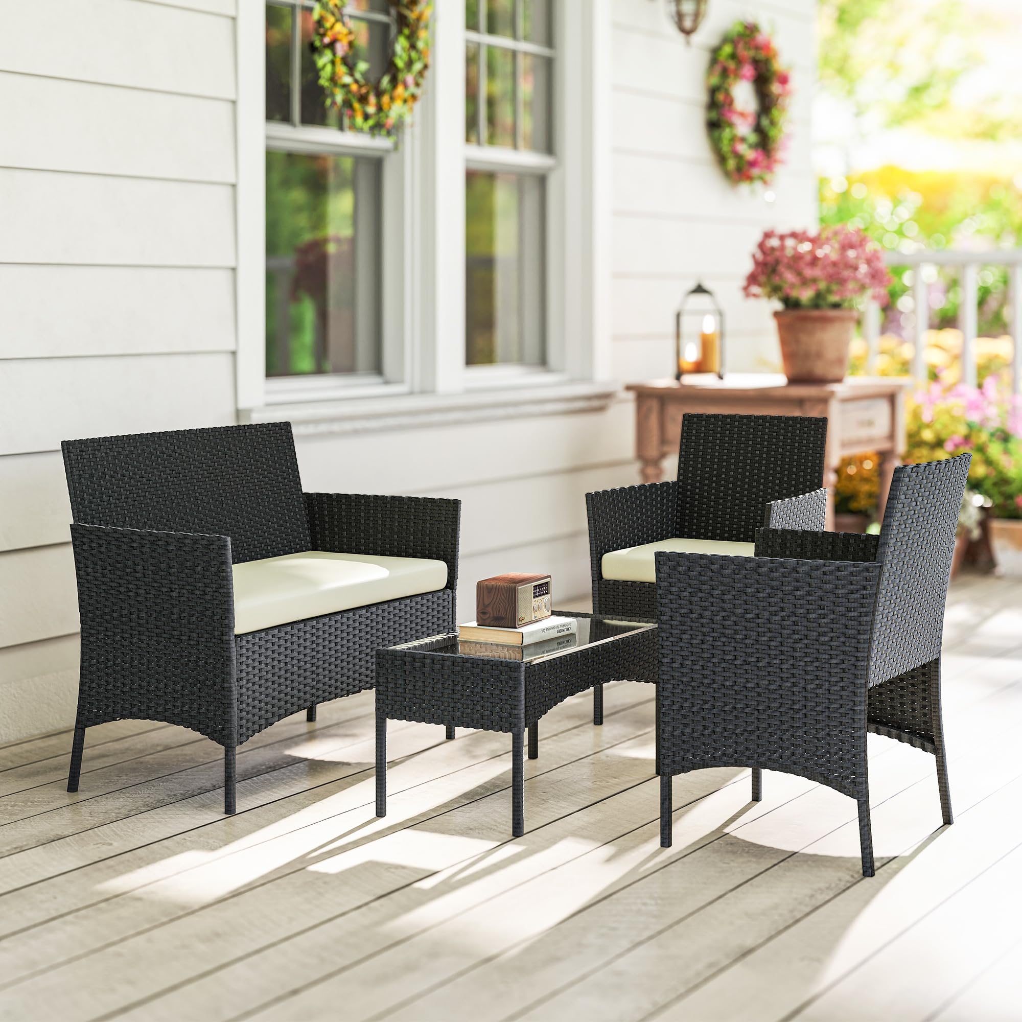 Outsunny 4 Seater Rattan Garden Furniture Set, 4 Piece Garden Sofa Set with Loveseat, Armchairs, Glass-Top Coffee Table, Cushions, Wicker Outdoor Furniture for Conservatory Patio, Cream White — view 8