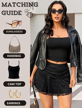 Avidlove Black Mini Skirt for Women Lace Short Skirt Sexy A Line Trendy Y2K | A-Line Hight Waisted Ruched Double Layer Micro Short Lace Skirt Summer Skirt Rave Party Club Skirts