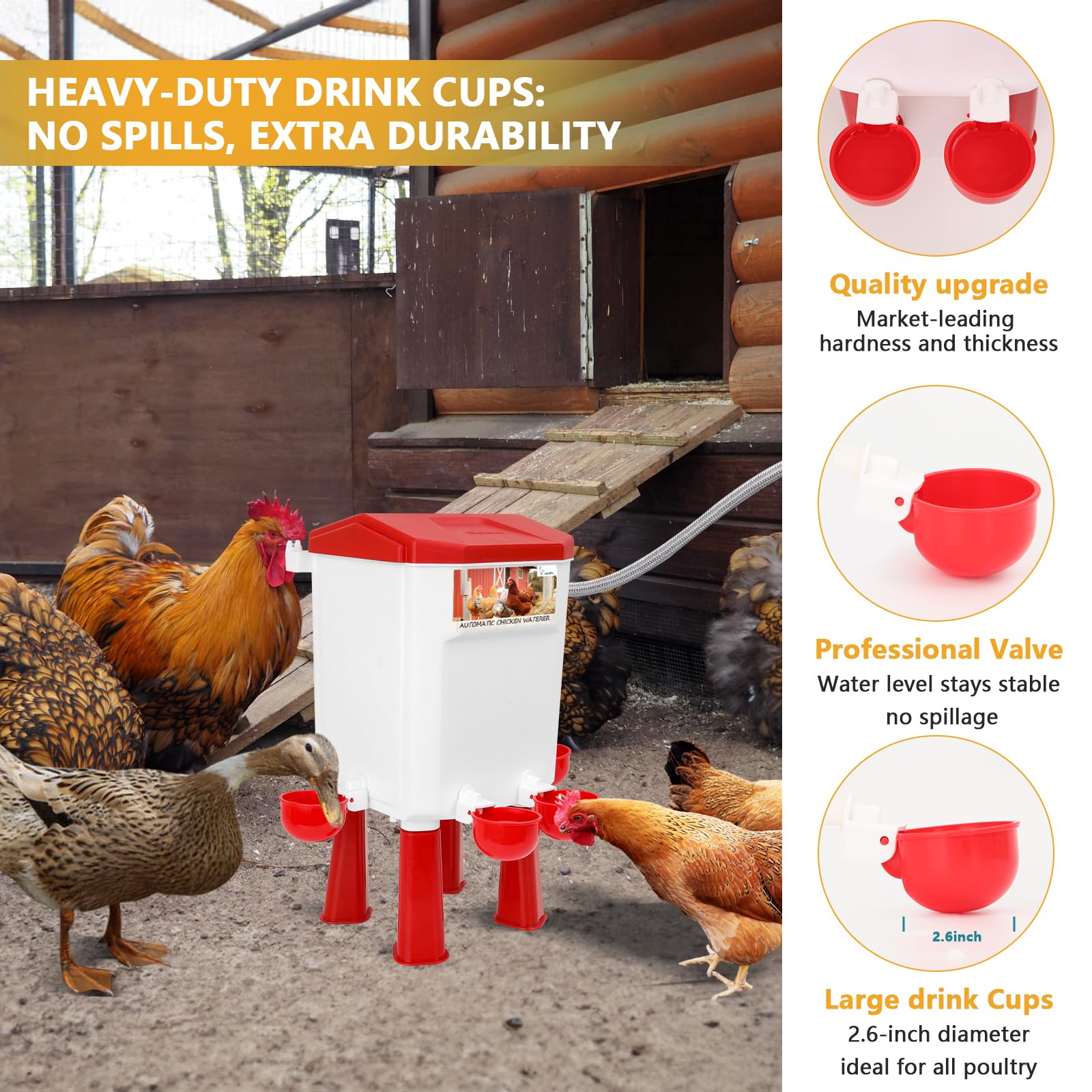 Lilyang Bebedero automático de pollo controlado por flotador para agua fresca continua, bebedero de pollo autollenado con manguera de agua de 60 pulgadas (un extremo de 3/4 pulgadas), adecuado para
