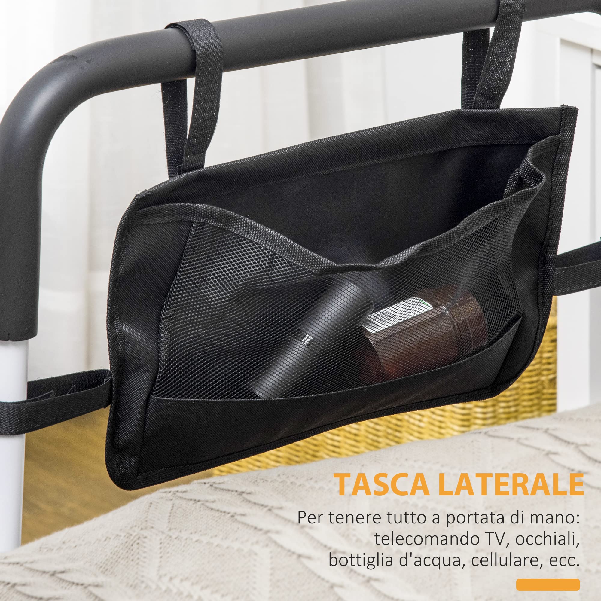 HOMCOM Maniglia per Letto con Lunghezza e Altezza Regolabile, Alzaletto in Acciaio con Tasca e Impugnatura Morbida, Bianco