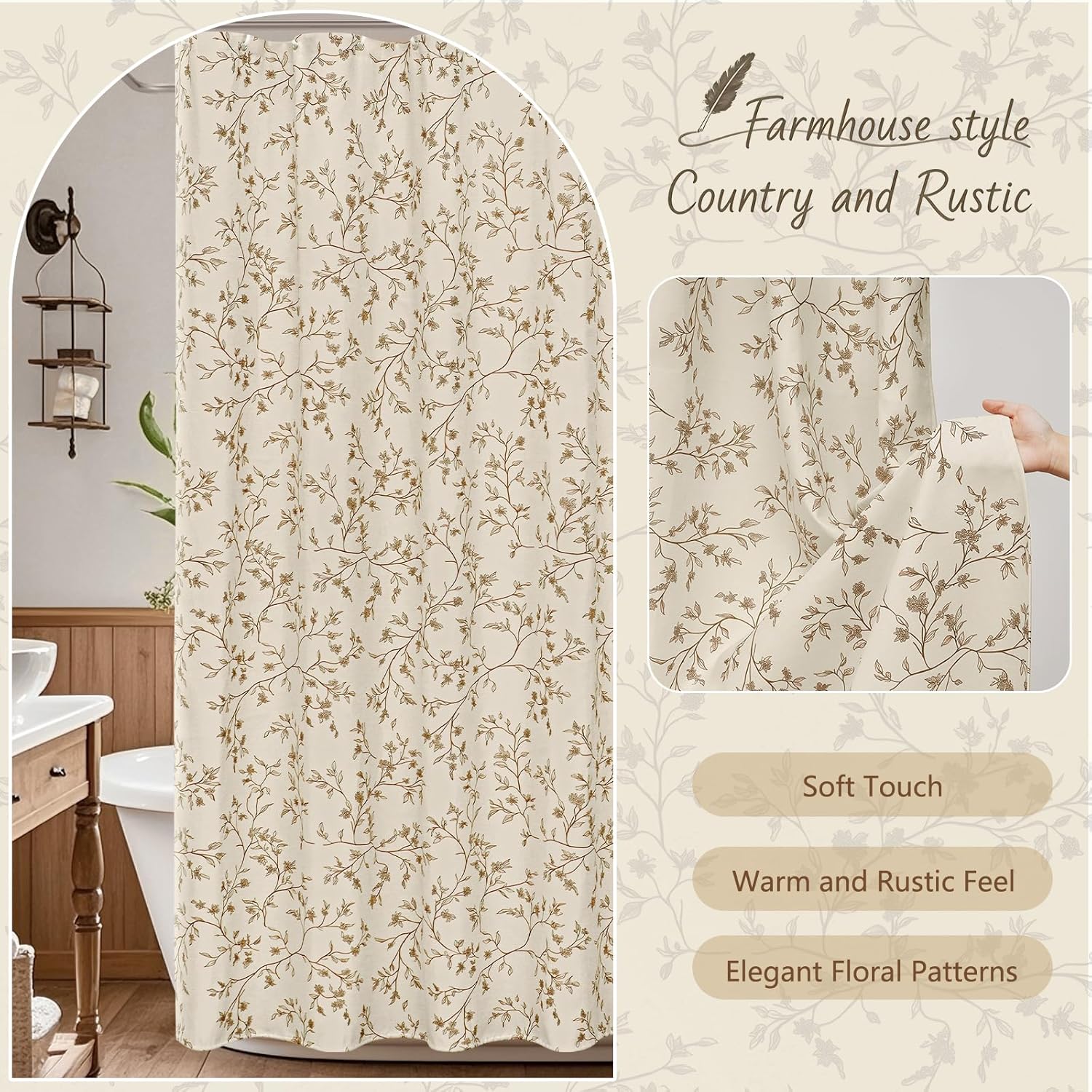 Beige Tan Floral Shower Curtain Linen, Twiggy Leaves Flower Shower Curtain for Bathroom 72x72, Luxury Farmhouse Chic Bathroom Décor