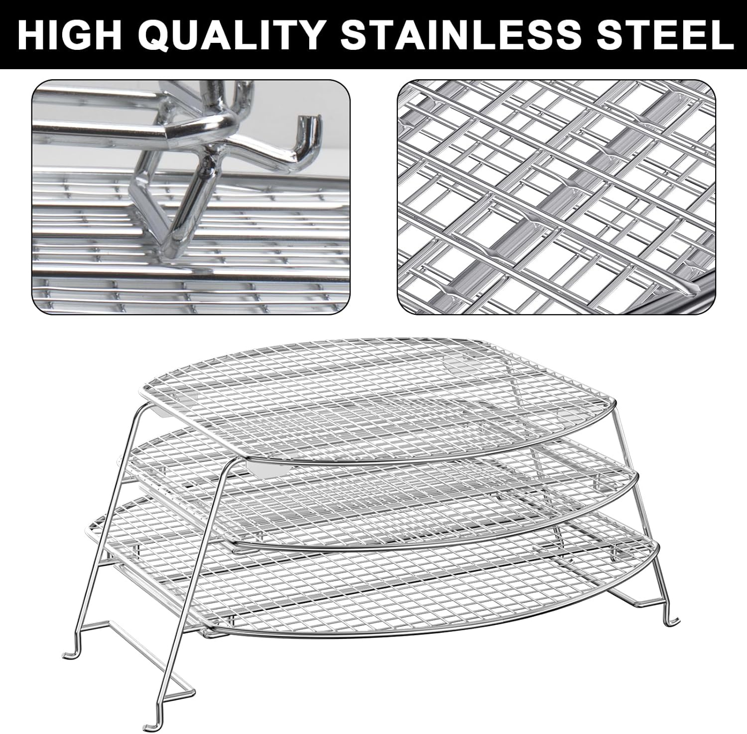 Jerky Rack for Most Grills Weber, Big Green Egg Kamado Joe, Pit Boss, Traeger 575 Pro 34 Pellet Smoker Grill Accessory Cooking Expansion 3 Tier Foldable Multipurpose 304 Stainless Steel Warming Rack