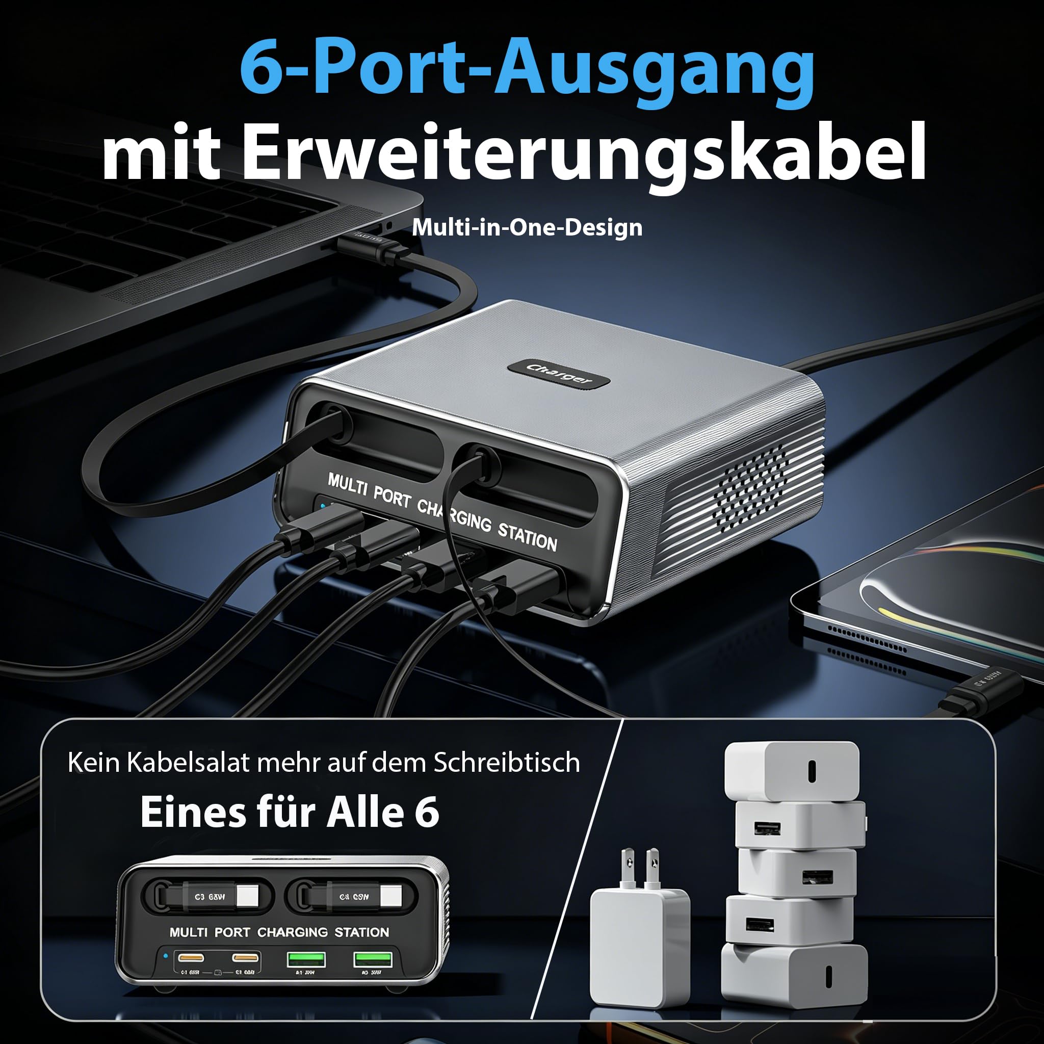 6 in 1 GaN Ladestation Mehrere Geräte, 65W USB C Schnellladegerät mit 2 Einziehbaren Kabeln, Klein Ladestation Kompatibel für MacBook/iPad/Phone 17/16/Samsung/, Silent Design mit rutschfest
