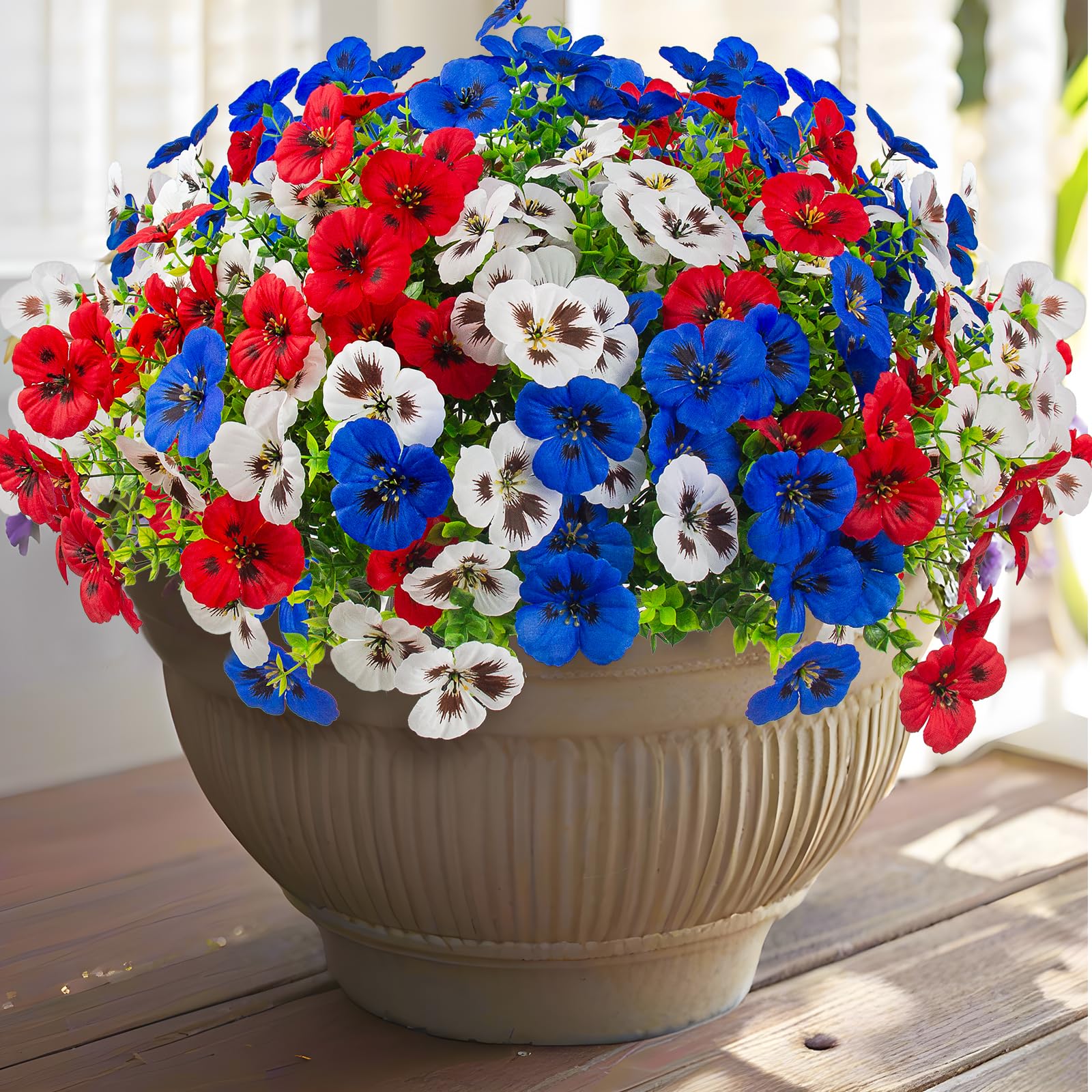 Photo 1 of 18 Pcs Artificial Fake Pansy Flowers for Outdoor, UV Resistant Faux Silk Pansies Patriotic Flowers for Outside for Planter Front Door Porch Patio Window 4th of July Home Decor (18, Red, White, Blue)