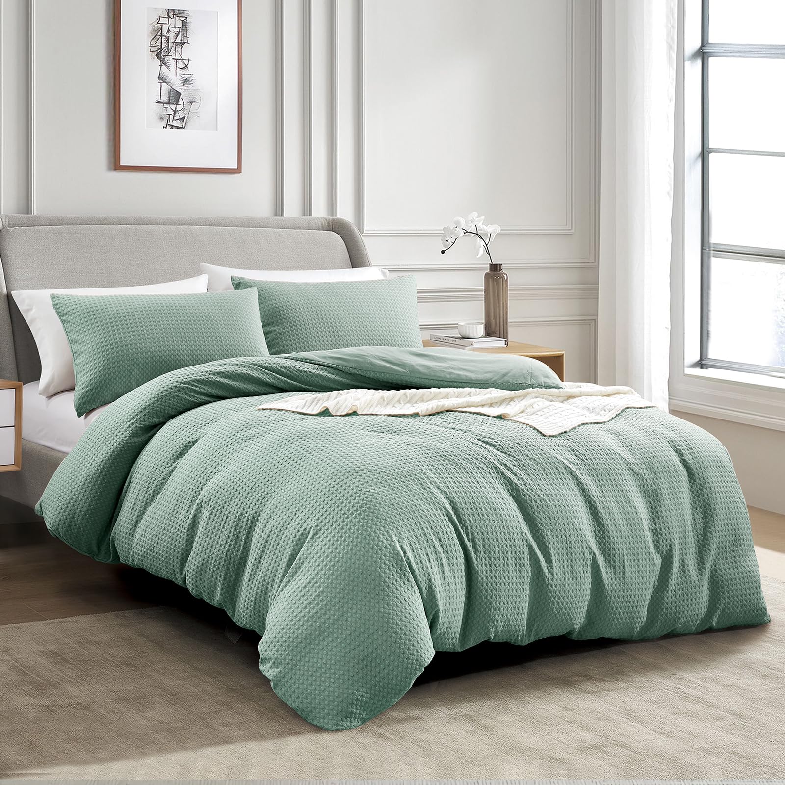 KASYLAN Breathable Duvet Cover Set including Zipper Closure, Waffle Dobby Weave Texture Duvet Sets