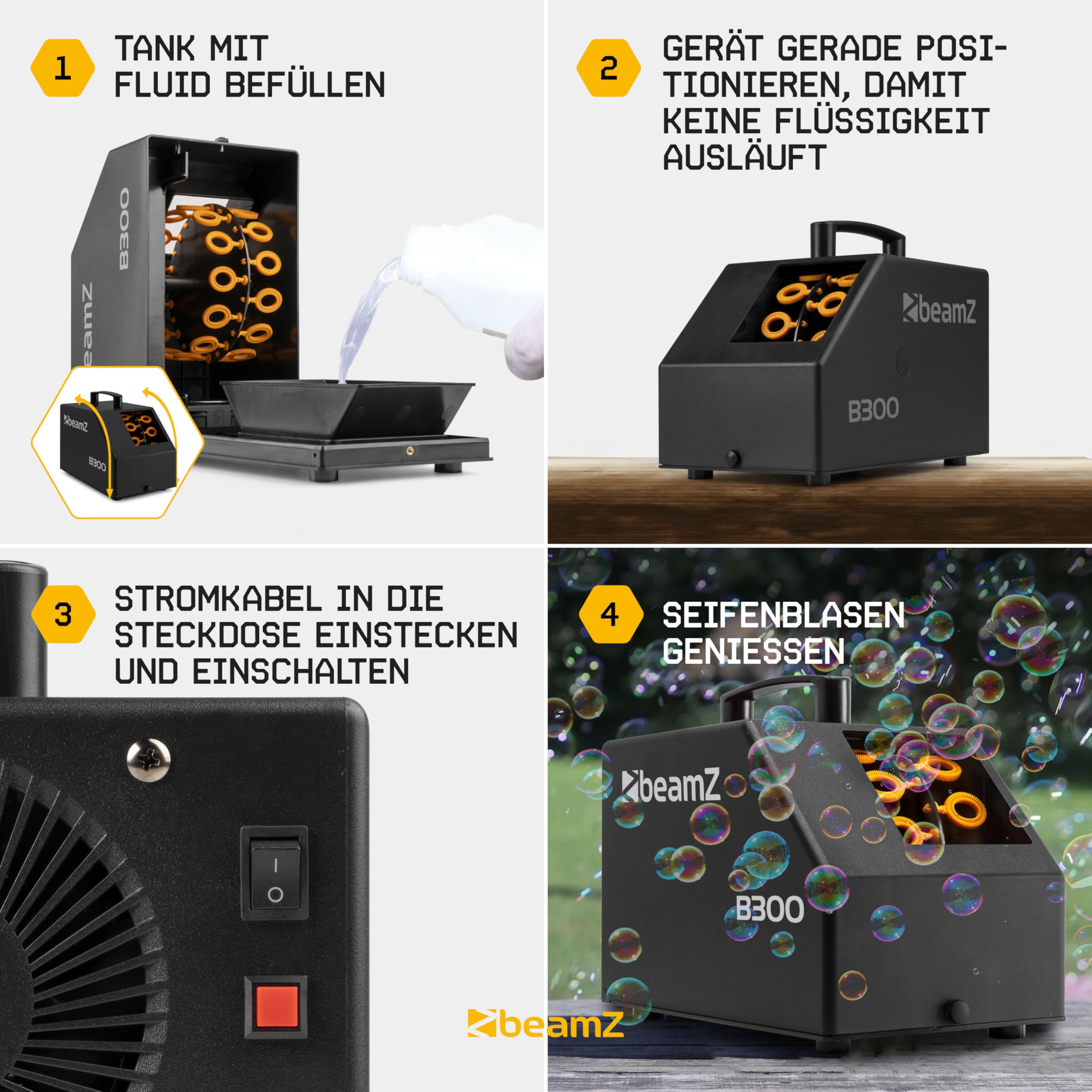 BeamZ B300 Seifenblasenmaschine mit 5L Flüssigkeit, Fernbedienung, 25 Watt, Luftblasenmaschine, Bubble Machine, 10.000 Bubbles pro Minute, Seifenblasen Hochzeit - Schwarz