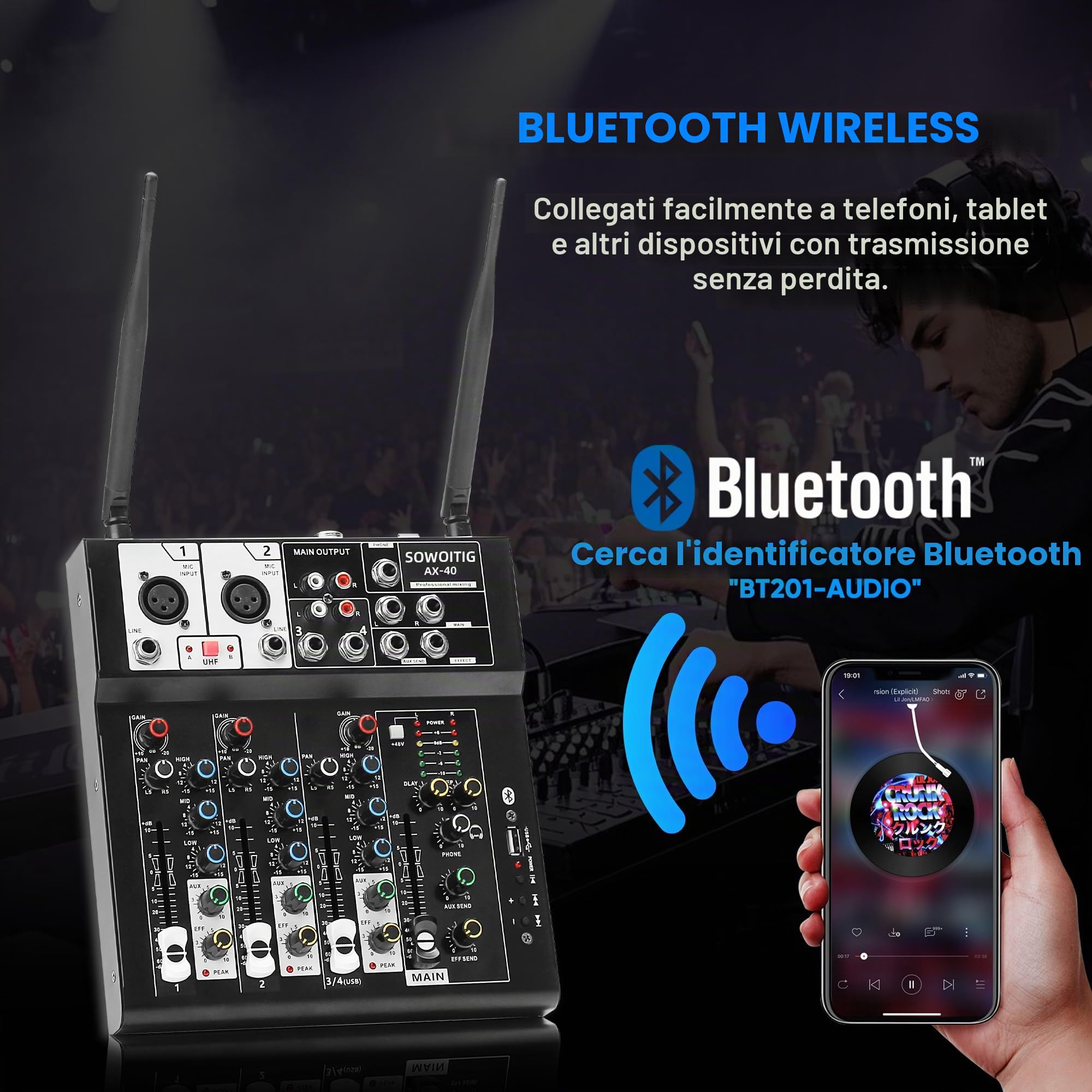 Karaoke mixer con 2 microfoni wireless, audio a 4 canali, console DJ, microfono senza fili, Bluetooth, porta USB, alimentazione phantom 48 V per registrazione studio