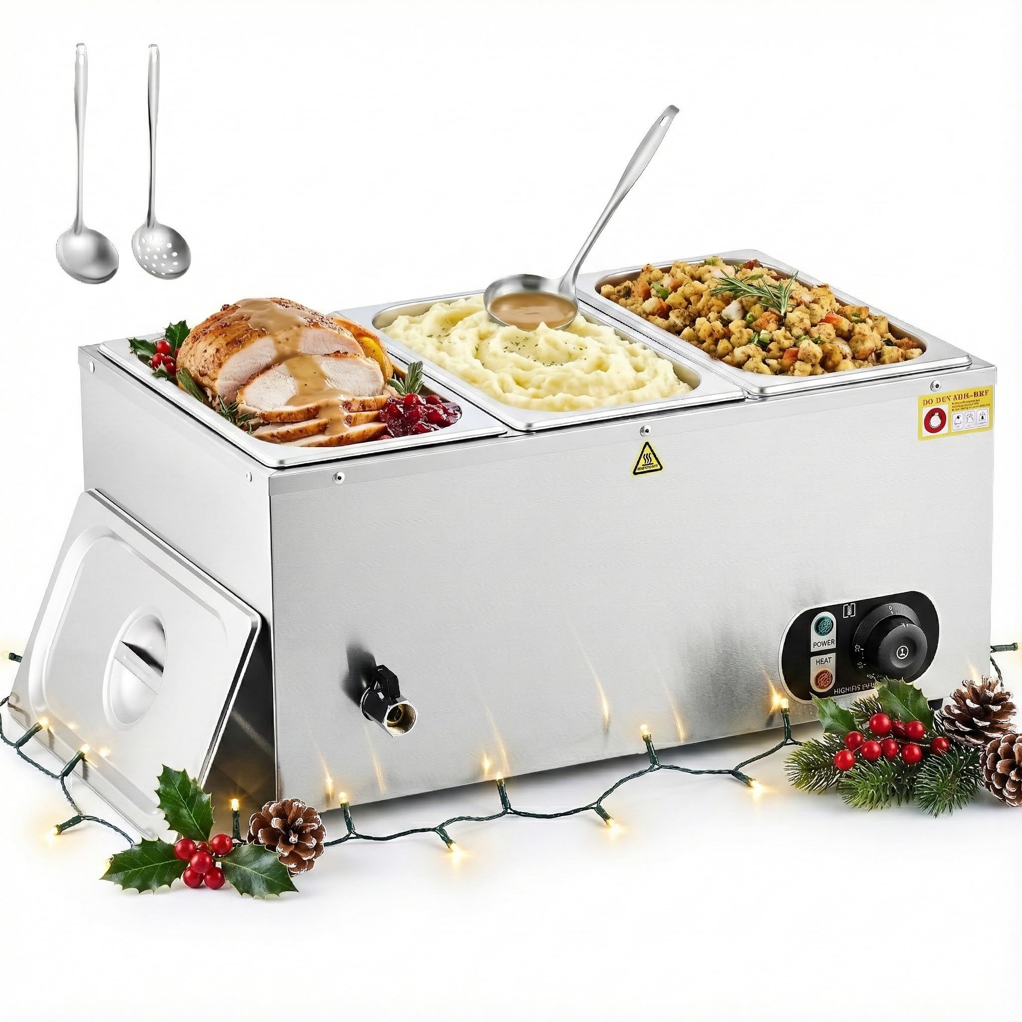 WILPREP Commercial Food Warmer with three 1/3 pans filled with various hot foods, ready for serving.