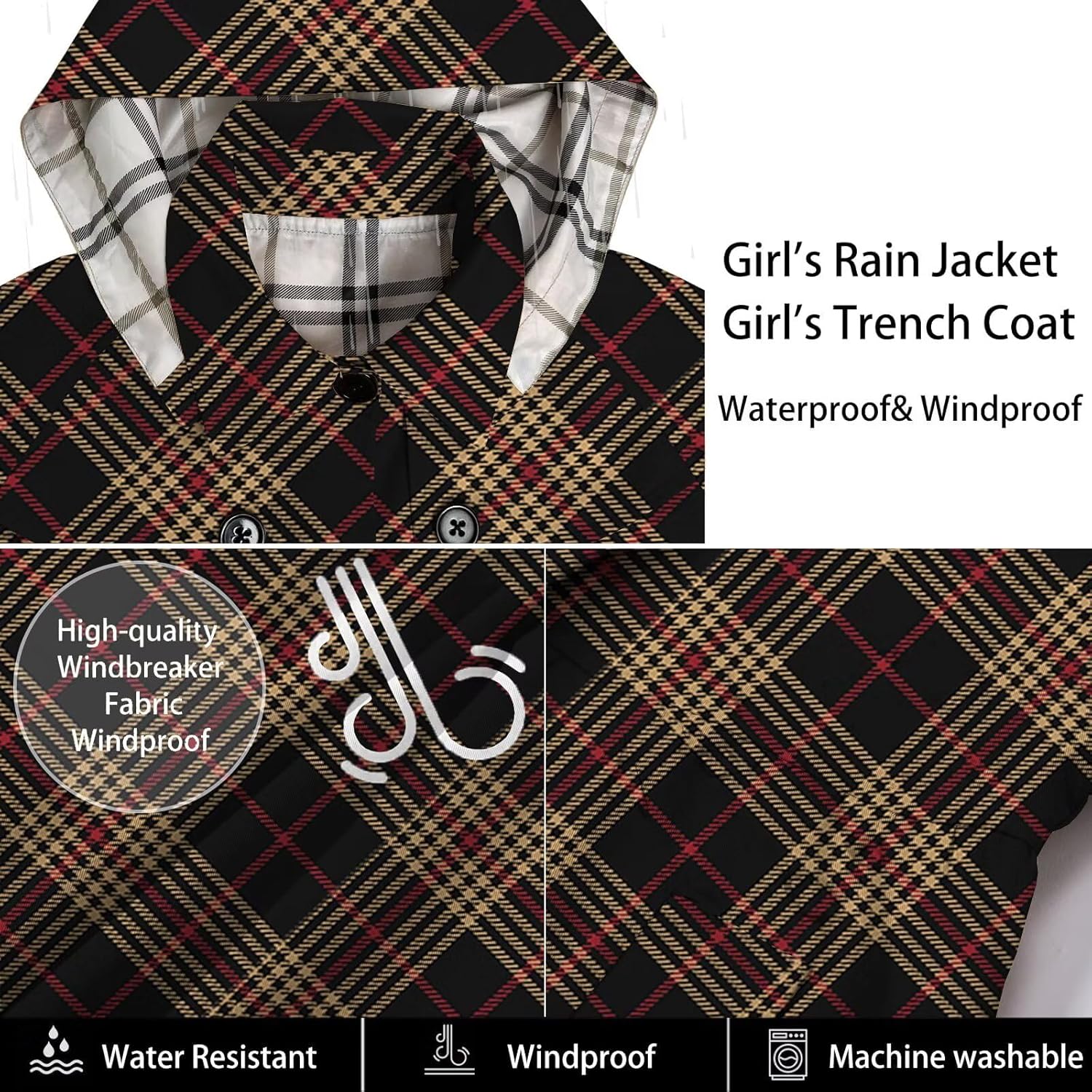 Betusline Girl's Waterproof Hooded Trench Coat Single Breasted Rain Jackets Outerwear, 2-14 Years - Image 5