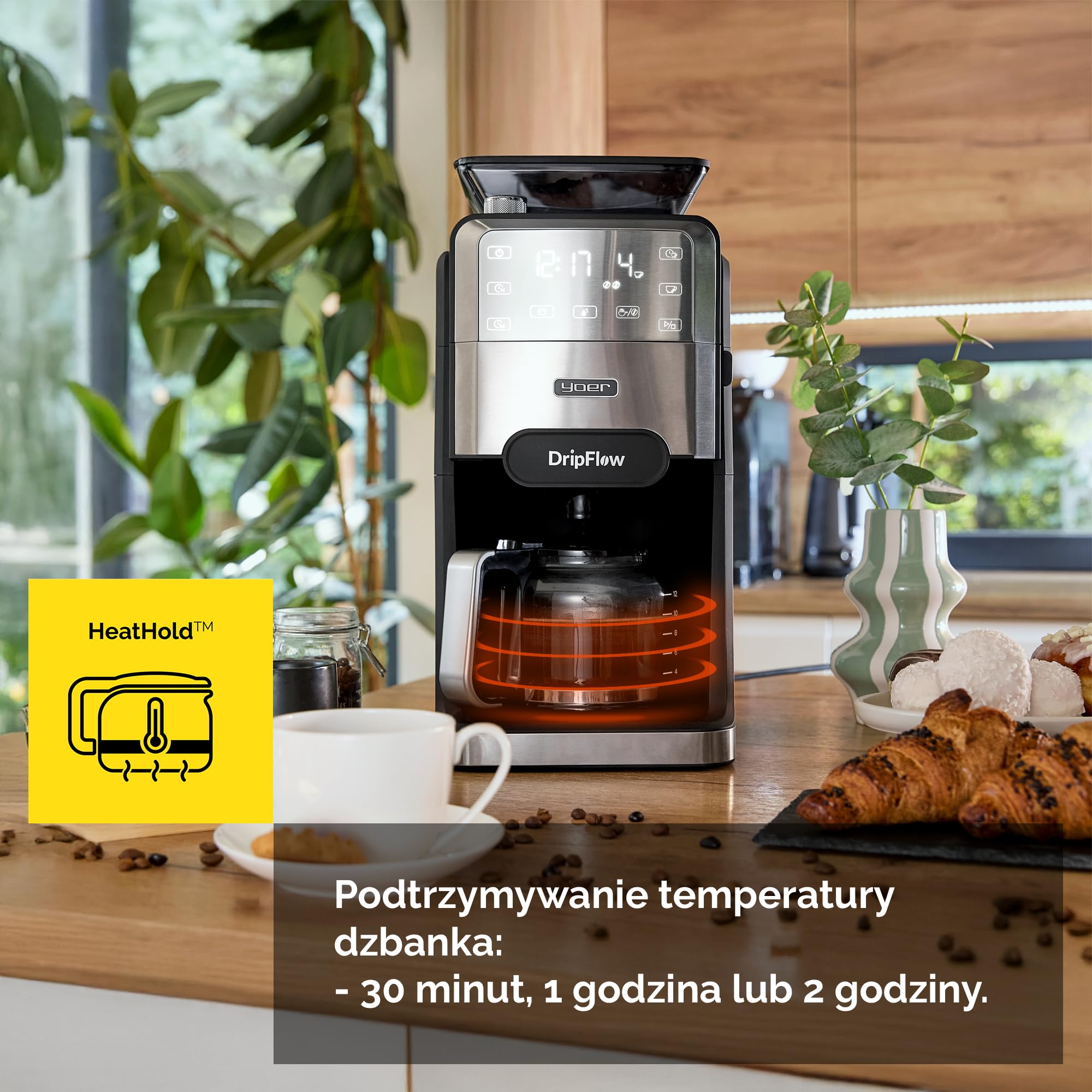Yoer Ekspres przelewowy do kawy z wbudowanym młynkiem żarnowym, 12 kaw, 1520W, 1,5L Szklany dzbanek, 24h timer, Filtr wielokrotnego użytku, Podtrzymywanie ciepła, Stal INOX, CMG03BK DripFlow, czarny