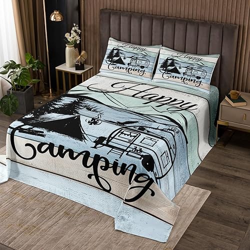 Erosebridal Juego de edredón Happy Camping Camper, ropa de cama rústica de granja, accesorios de camping, juego de ropa de cama de madera vintage