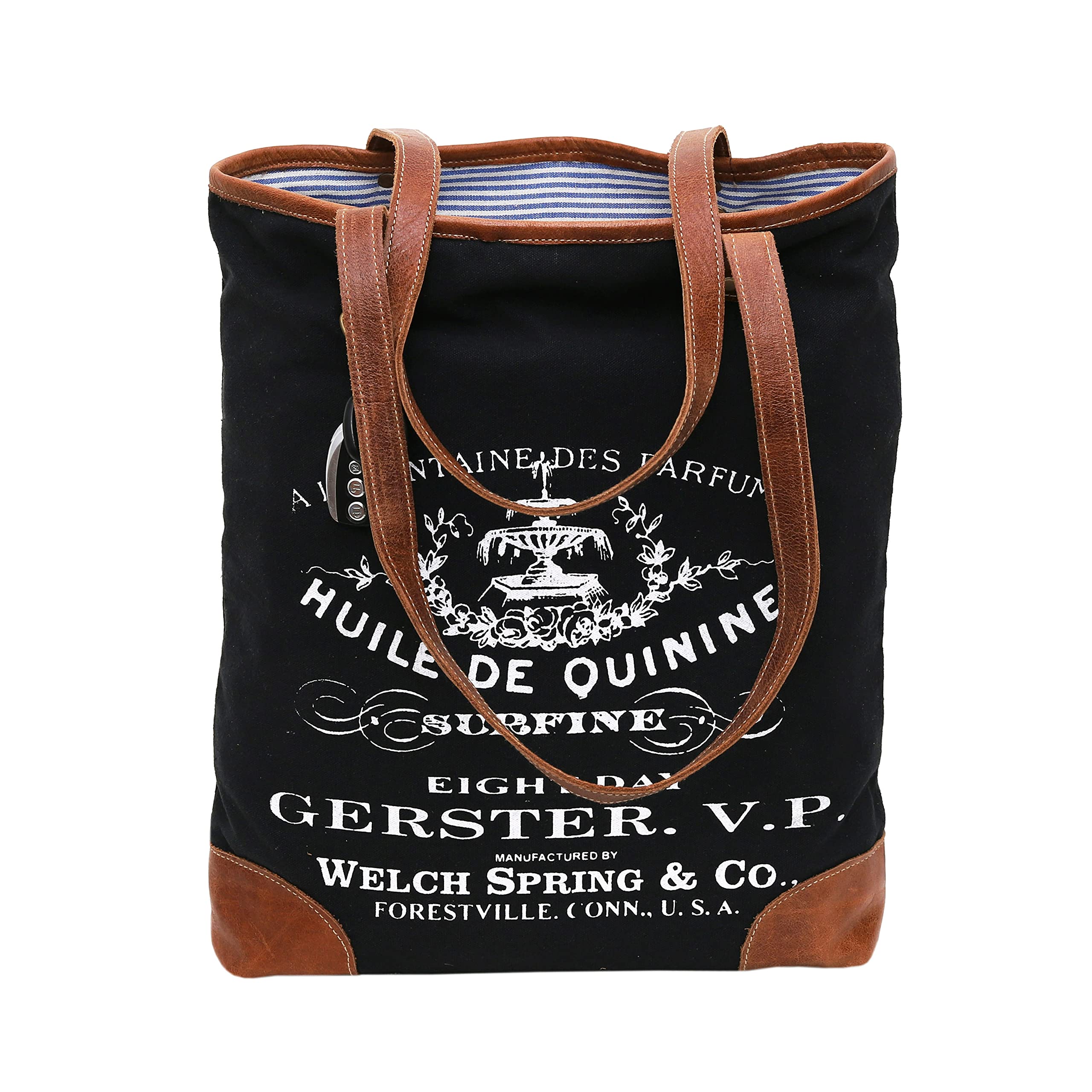 CLA Upcycled Canvas & Leather Handbag 16 Inch Height & Cowhide Tote Bag, Canvas Handbags for women (Black)