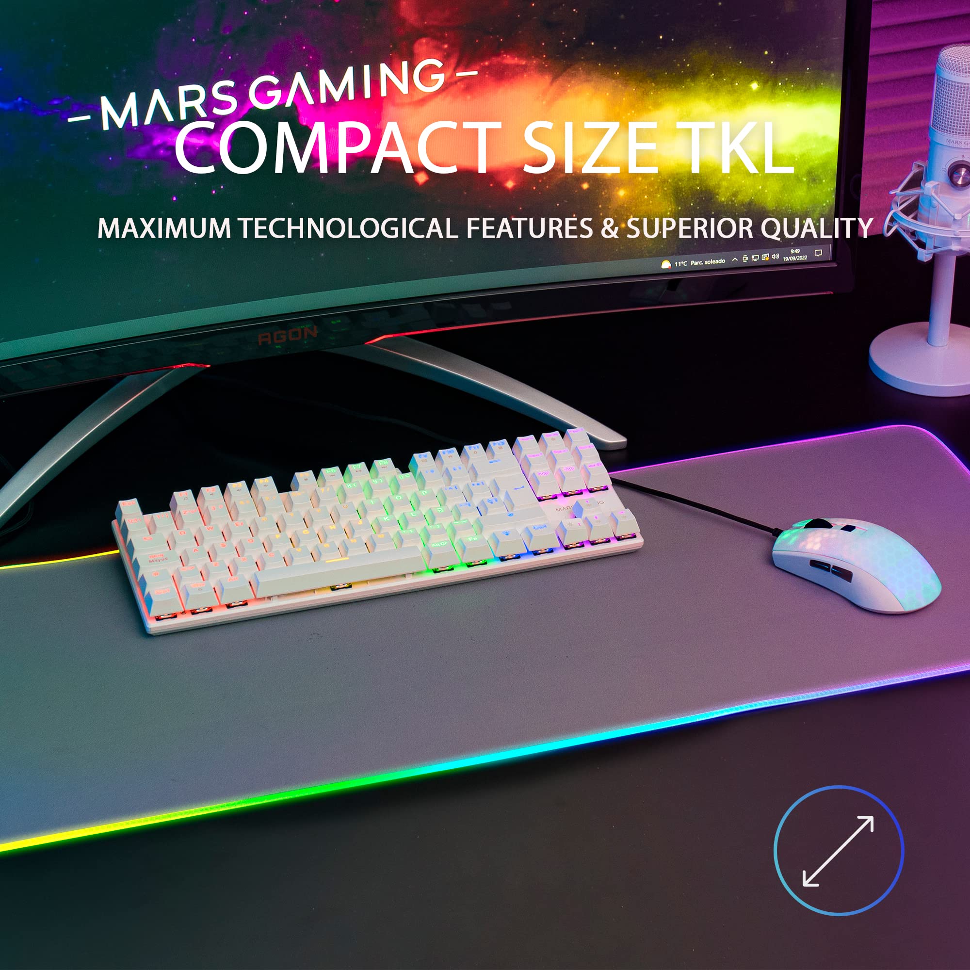 Mars Gaming MK80, Idioma US, Teclado Gaming Mecánico TKL Compacto con Switch Azul, Iluminación Rainbow RGB, Teclas Doble Inyección, Modo Juego y Anti-Ghosting, Multiplataforma, Blanco - 3