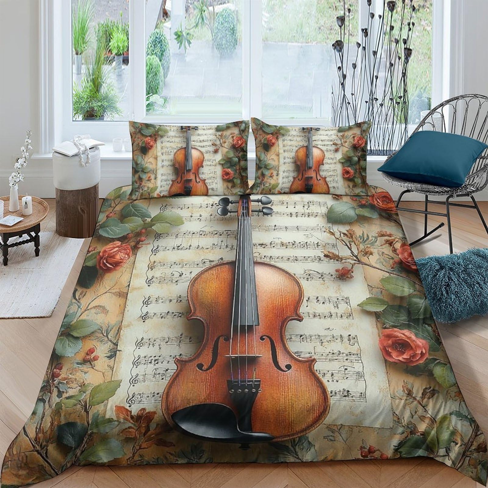 Ctjqhvkz Style-8 3D Printed Violin Floral Fitted Sheet Microfiber Soft Breathable Music Note Mattress Cover For Bedroom Dorm Decor Single（135X200cm）