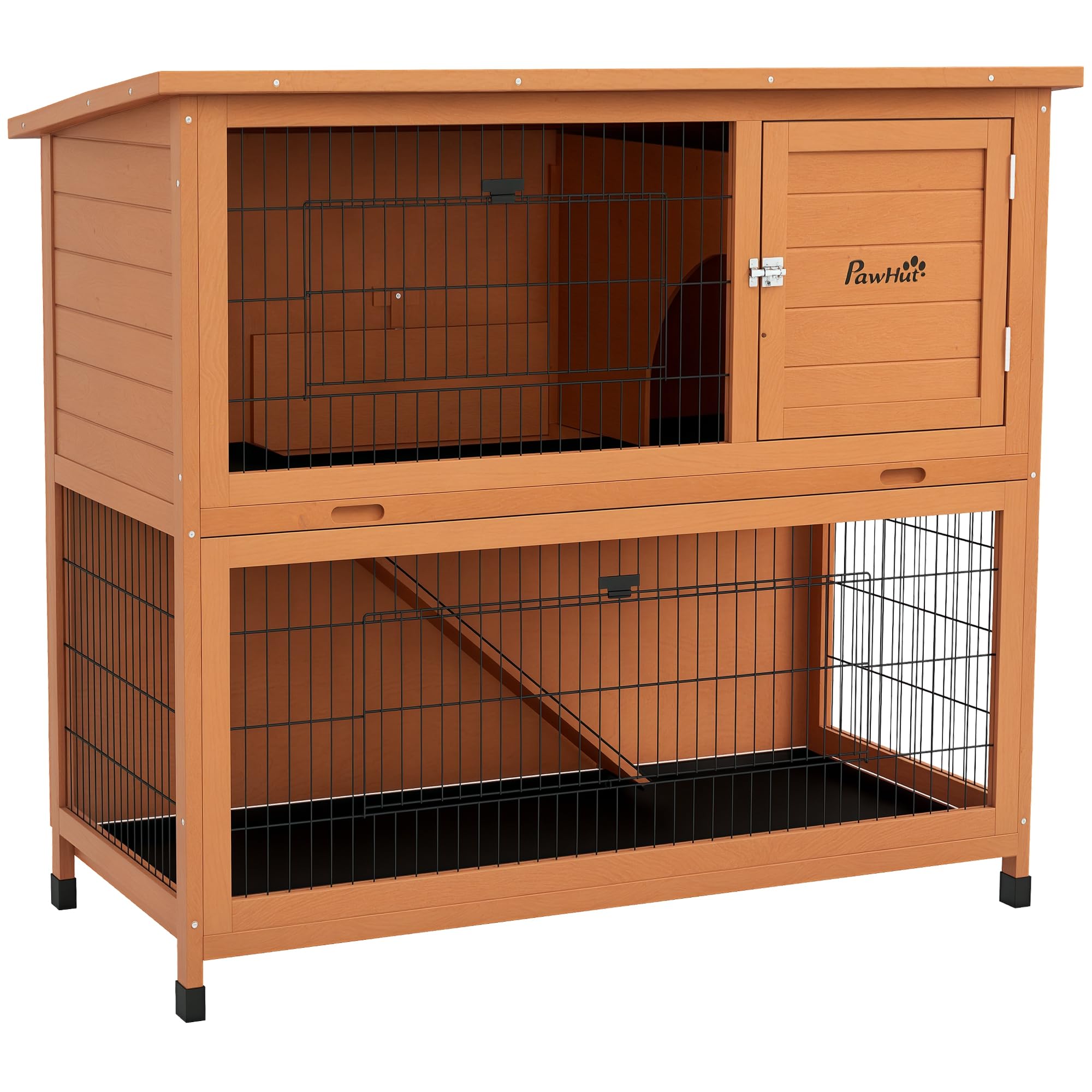 PawHut Hasenstall 2 Etagen aus Holz 123 x 63 x 112 cm Bitumendach Orange | Kaninchenstall, Rampe, Türen, Freilaufgehege, Stahlgitter Kleintierkäfig, für 2 Kaninchen, Outdoor