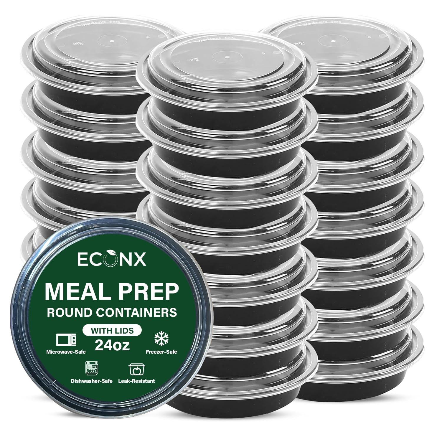 ECONX 50 X 24oz Black Base Round Plastic Meal Prep Container With Lids - Reusable BPA Free Food Containers with Airtight Lids - Microwavable, Freezer and Dishwasher Safe Ideal Stackable Salad Bowls