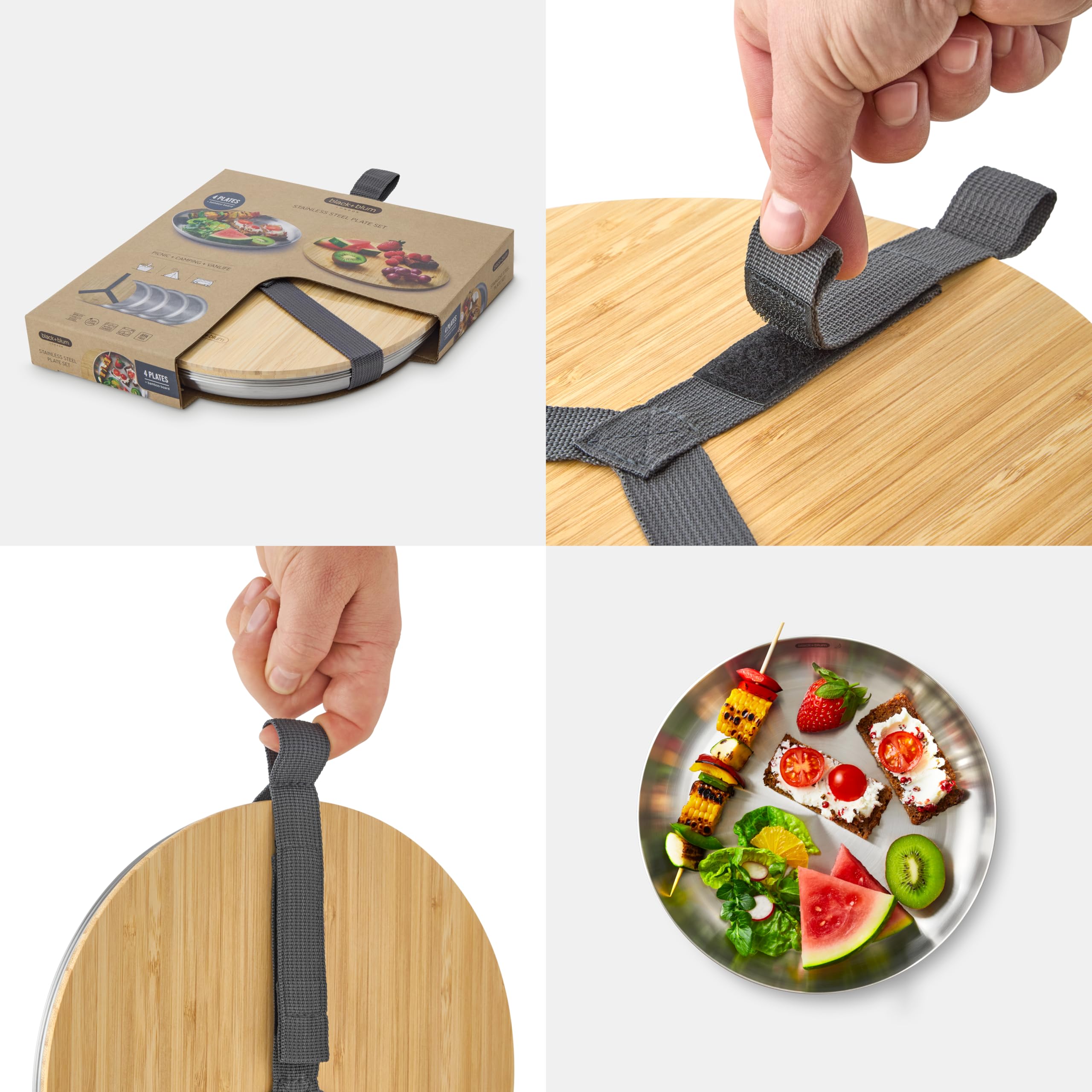 BLACK + BLUM Picknickteller 4er Set - Edelstahl Teller mit Bambus Schneidebrett Deckel und Tragegurt