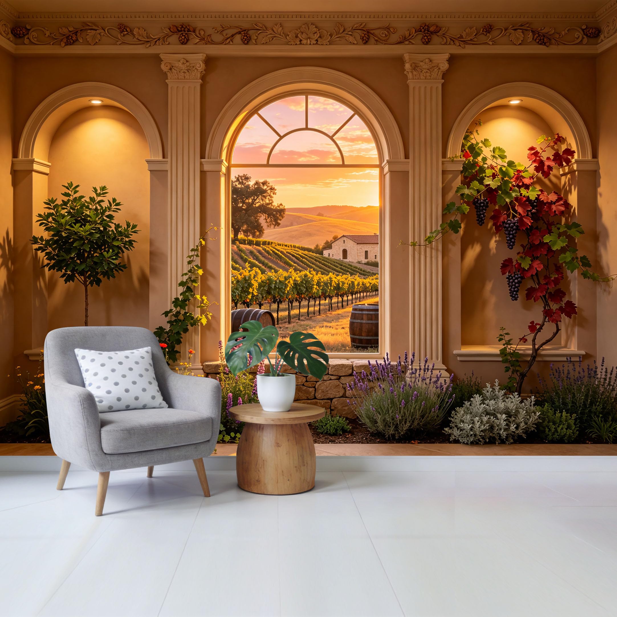 Removable Self Adhesive Fabric Mural， Tuscan Vineyard Sunset Landscape Custom Size Wall Covering， UV Protected Waterproof Washable Wall Decor for Living Room Bedroom Bathroom