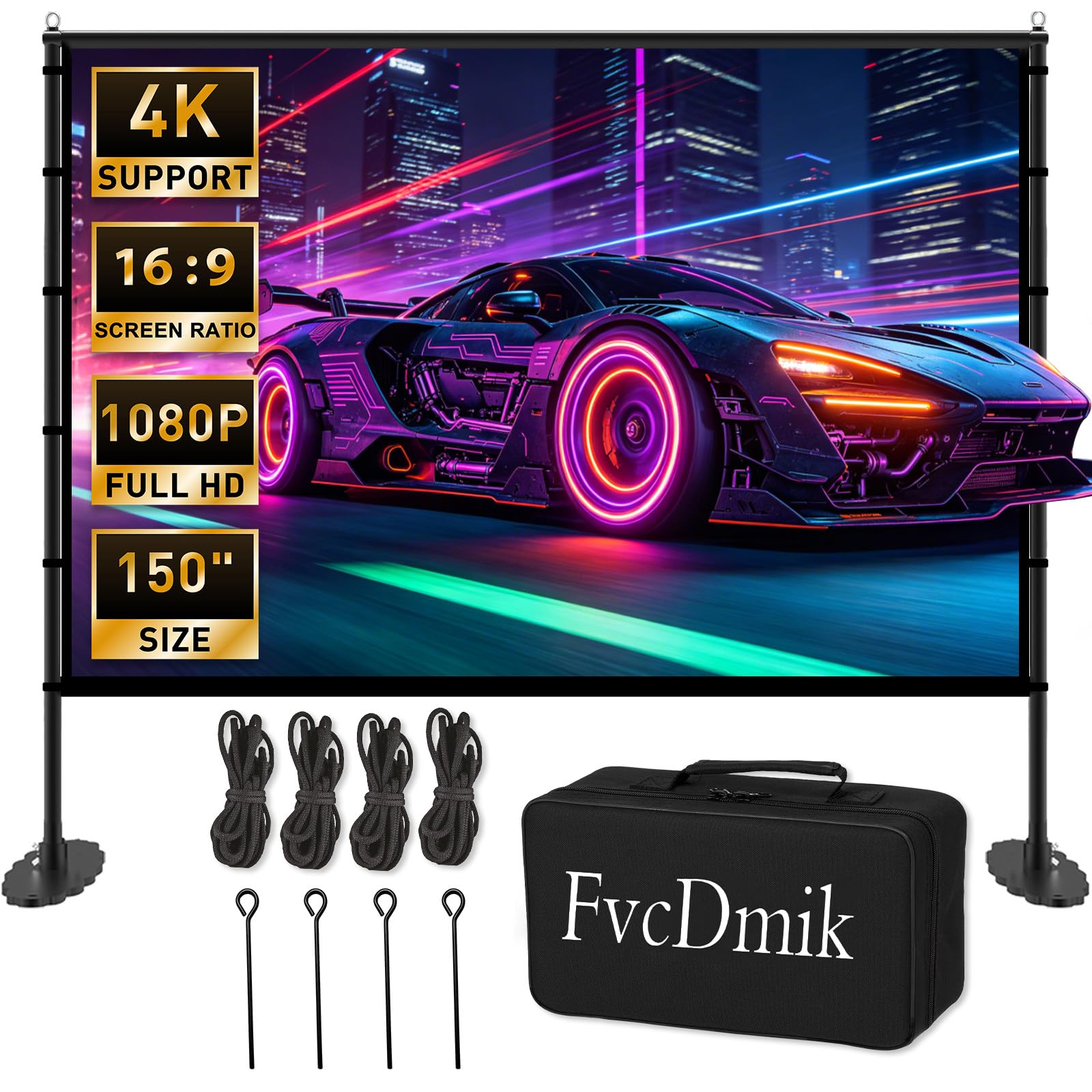Photo 1 of 150 inch Projector Screen with Stand, 16:9 4K HD Portable Outdoor Movie Screen, Wrinkle-Free Foldable Indoor Projection Screen with Carry Bag & Ground Nails for Backyard Cinema Home Theater