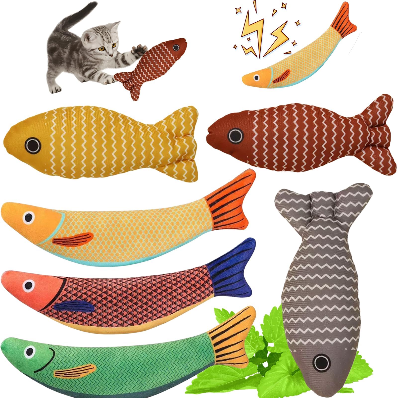 Aoksily 6 Stück Katzenminze Spielzeug,Katzenminze Kissen,Katzenspielzeug Selbstbeschäftigung Katzenspielzeug Fisch für Katzen Spielen und Kauen,Zahnen, Interactive Cat Toy