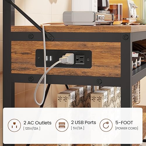 Miniatura 11 de Itaar Estante para panaderos con toma de corriente, barra de café de 6 niveles, soporte para microondas con estante para vino, luces LED y 10 Negro