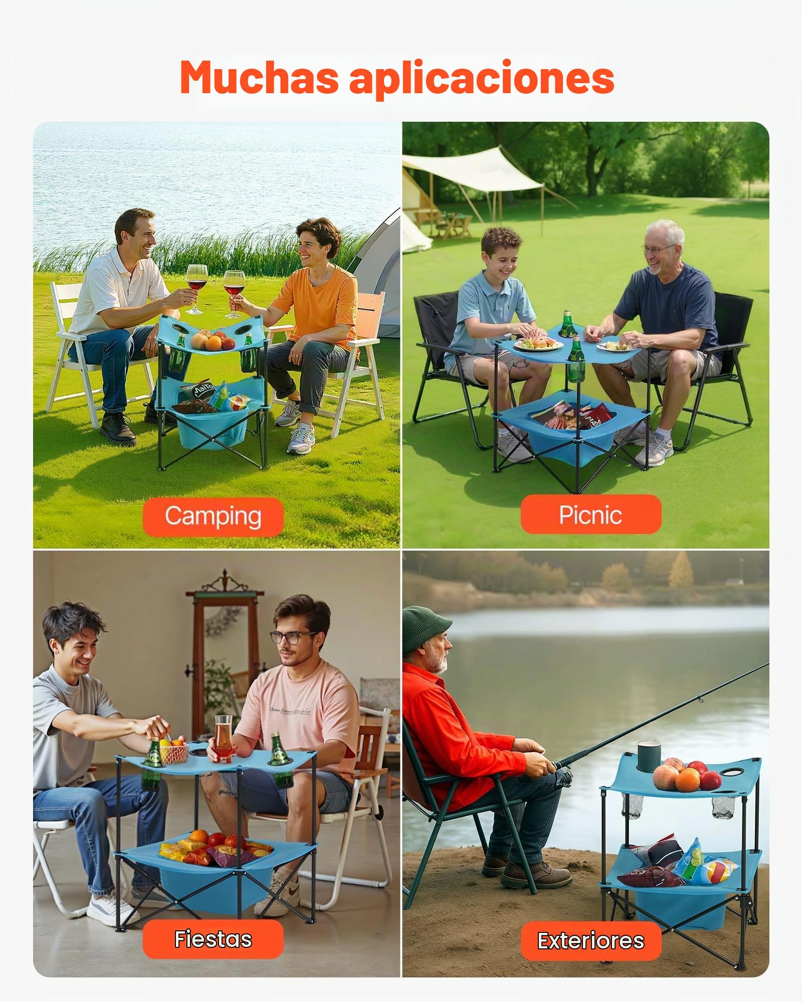VEVOR Mesa de Camping Plegable Portátil y Ligera, para Exteriores, de Lona Oxford 600D, Impermeable, para Playa, con 4 Portavasos y Bolsa de Transporte, para Picnics, 560 x 560 x 640 mm, Azul
