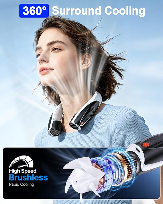 Portable Neck Fan, Max 20H, Rechargeable Personal Fan with 6000mAh Battery, 360 Cooling, 6 Speeds Hands-Free Wearable Fan, Gifts for Men, Women, Travel, World Cup, Outdoor