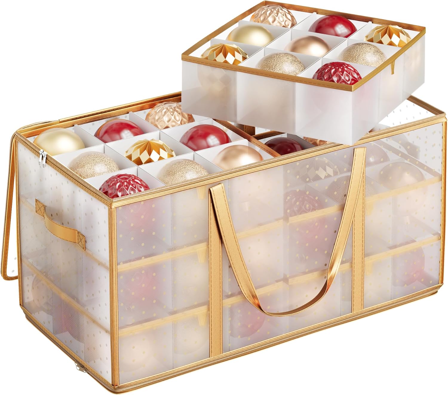SONGMICS Large Christmas Decoration Storage Box, 4-Inch 54 Slots, Plastic Christmas Bauble Storage Box with Lid, Dual Zippers, 6 Trays, Side Handles, Cherry Red URFB030T01