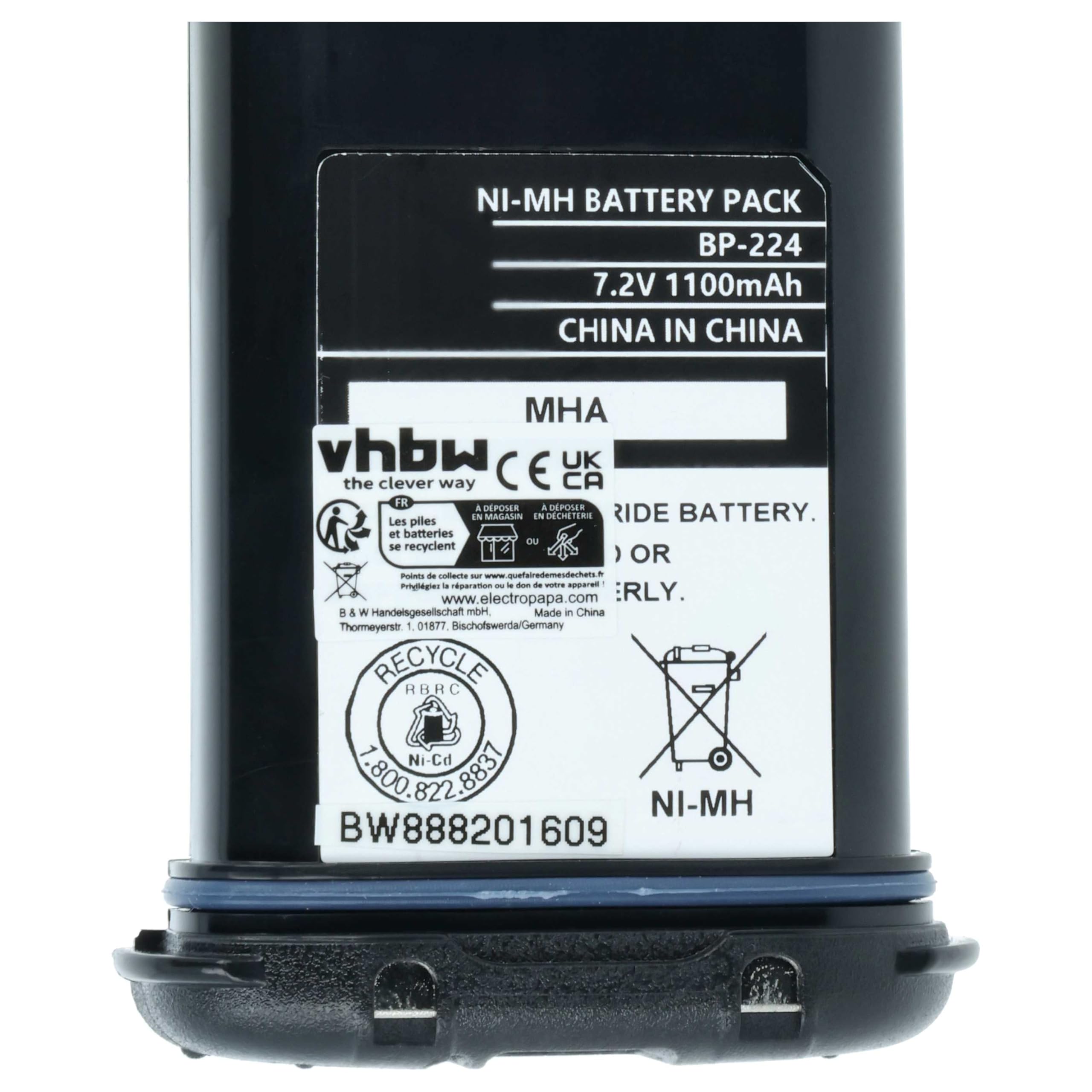 vhbw Akumulator zastępczy do Icom BP-224, BP-224H do radiotelefonu, Walkie Talkie (1100 mAh 7,2 V NiMH)