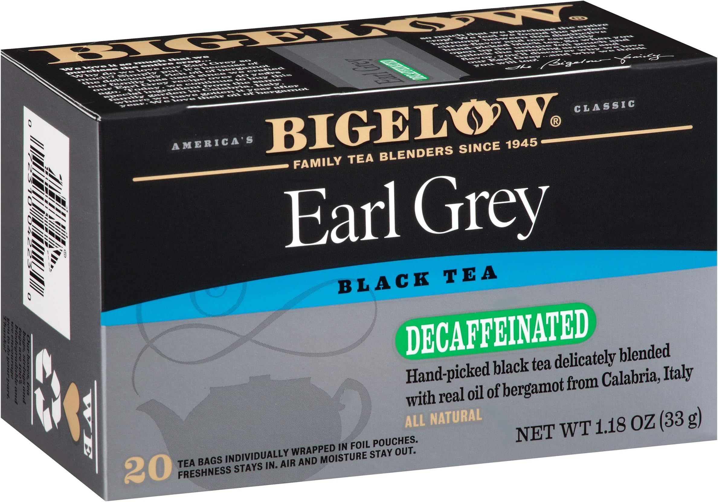 Bigelow Decaffeinated Earl Grey Tea Bags,Decaffeinated Individual Black Tea Bags, for Hot Tea or Iced Tea, 20 Count (Pack of 6), 120 Tea Bags Total.