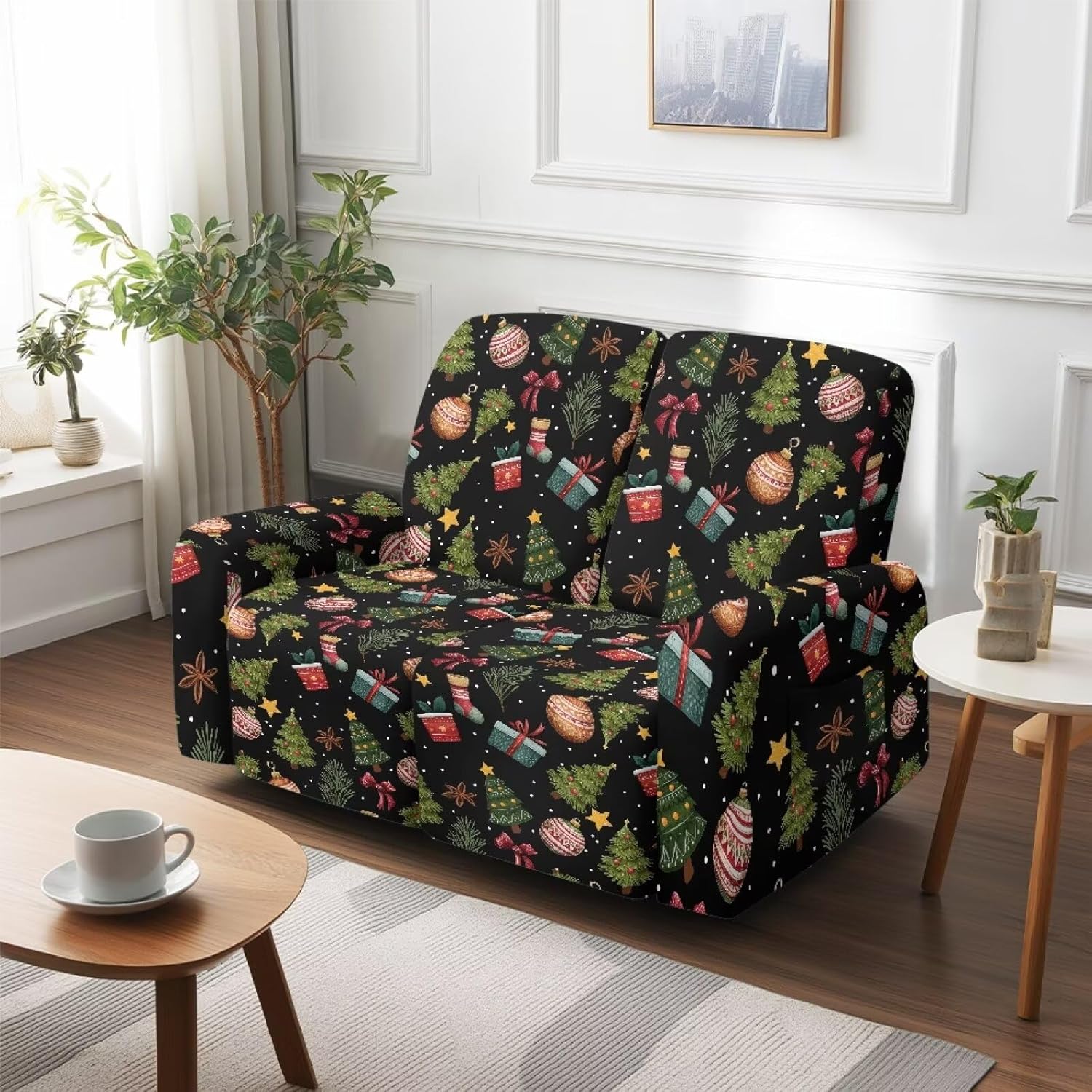 Christmas 6 Pieces Recliner Couch Covers, 2 Seats Slipcover for Sofas Ball Prints Loveseat Reclining Cover Elastic Furniture Protector for Living Room Easy to Install