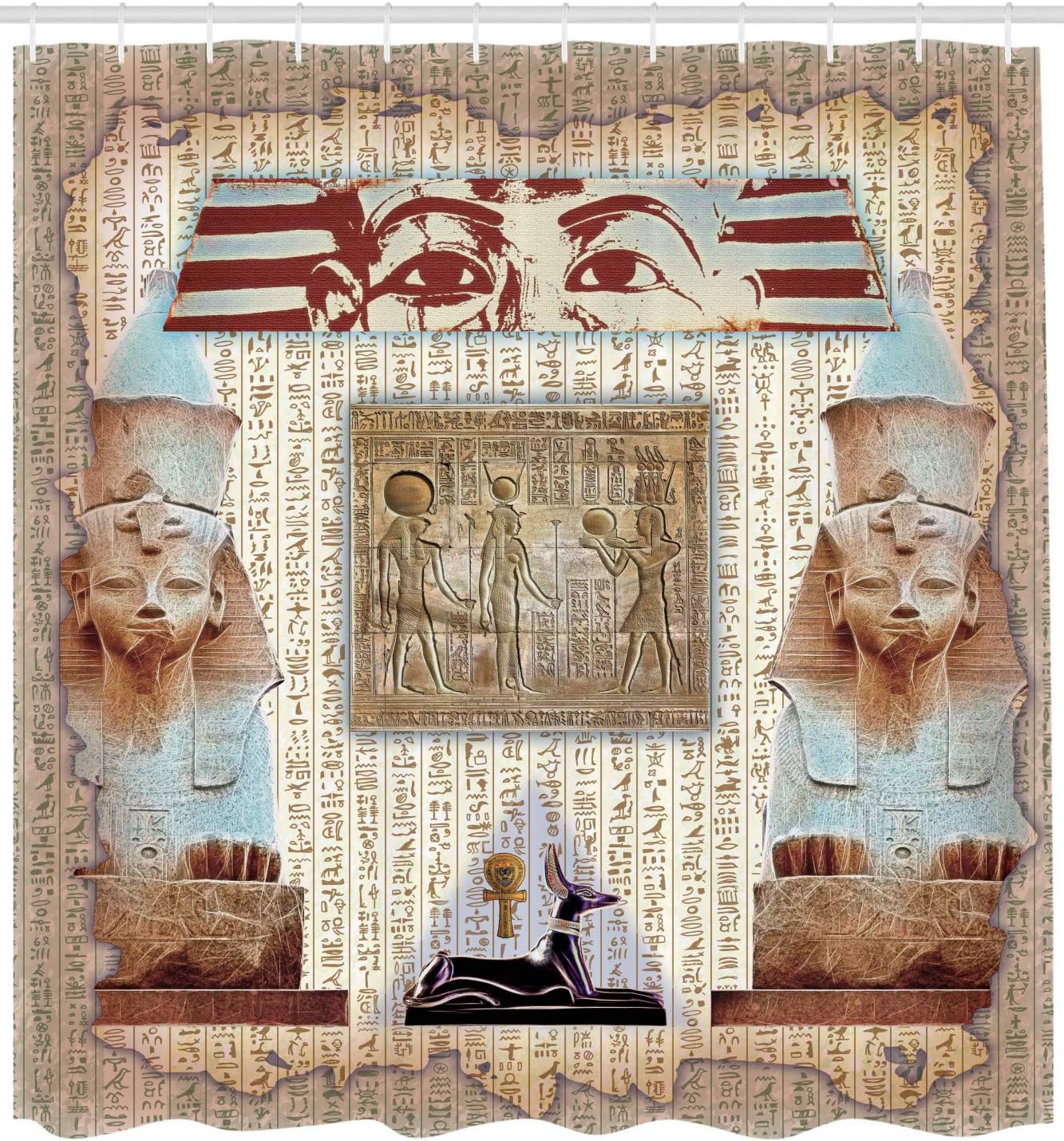 Ambesonne Egypt Shower Curtain, Eastern Heritage Egyptian Pharaoh Mummy Coffin Portrait Artwork Illustration, Cloth Fabric Bathroom Decor Set with Hooks, 69" W x 75" L, Redwood and Taupe