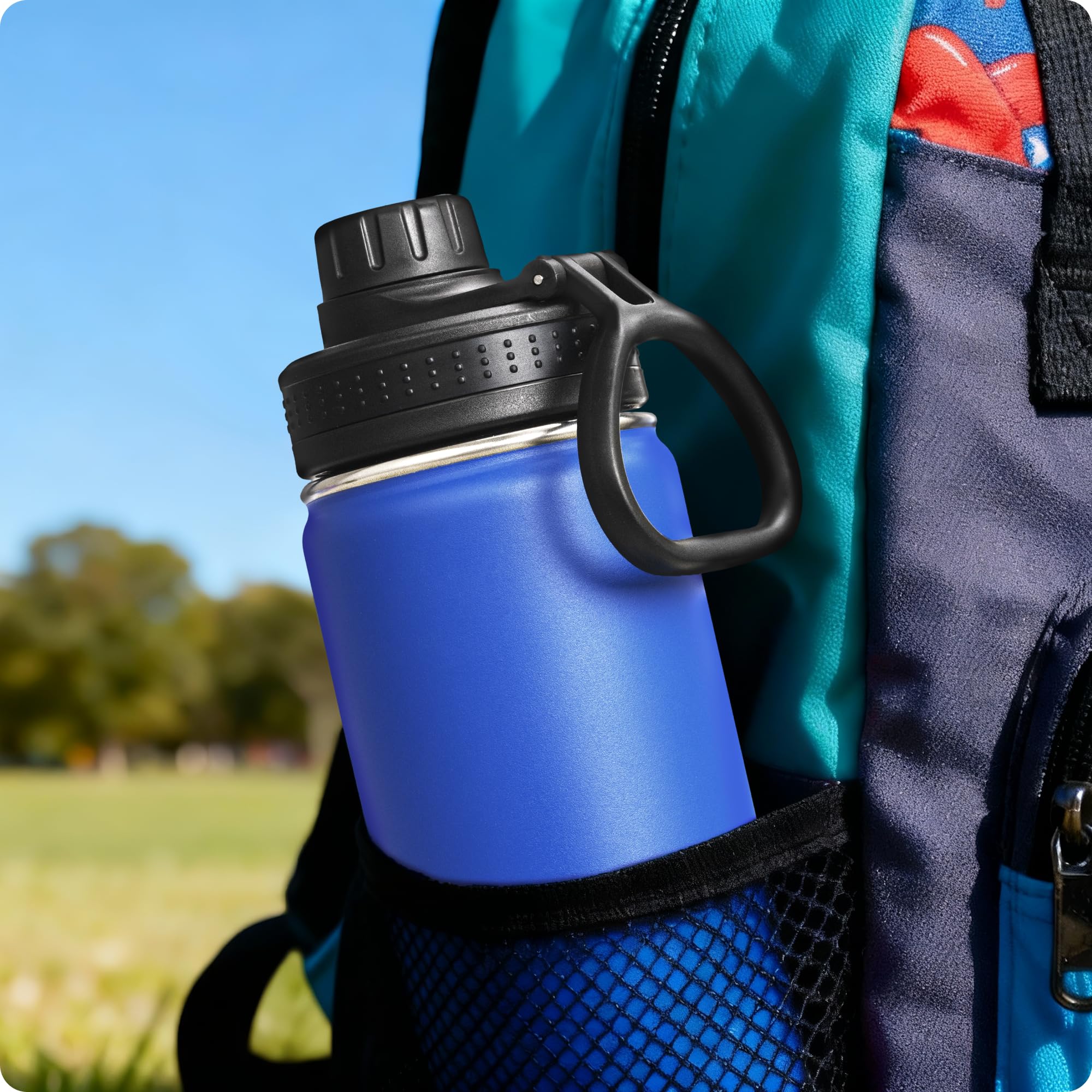 Botella de agua aislada, paquete de 2, botella de agua deportiva al vacío de acero inoxidable de 16 onzas, botella de agua de boca ancha con tapa de boquilla a prueba de fugas (azul