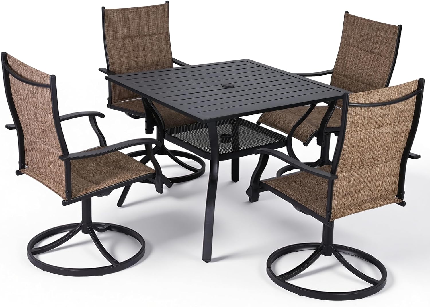 5 PCS Patio Dining Set, 4 Swivel Dining Chairs with 360 Rotation & 15 Rocking, Square Metal Slat Table Top with Umbrella Hole, Outdoor Furniture for All Weather, Brown