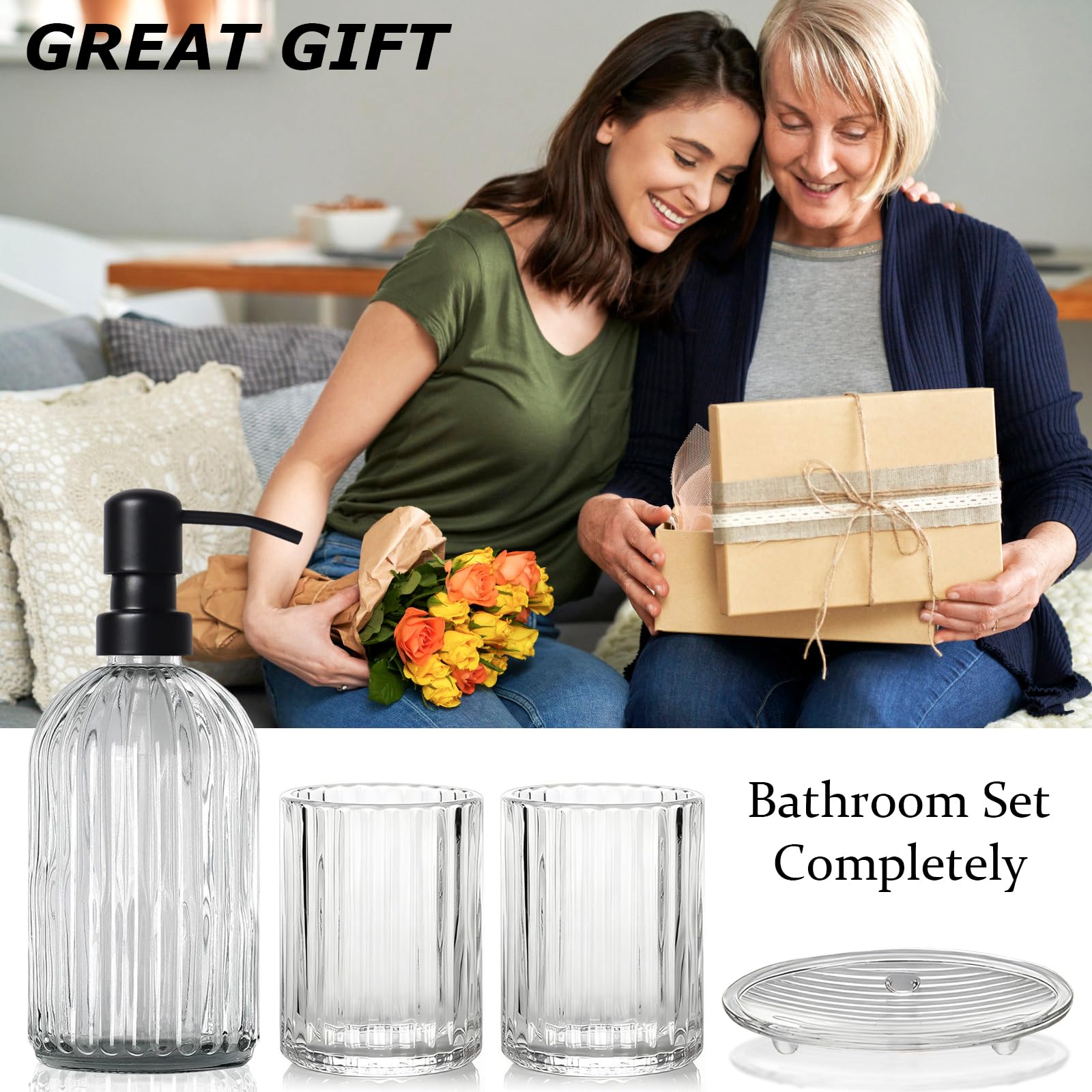 Set di 4 accessori da bagno, accessori da bagno in vetro trasparente, dispenser per sapone, porta spazzolino, tazza e portasapone, set decorativo per bagno, lavandino