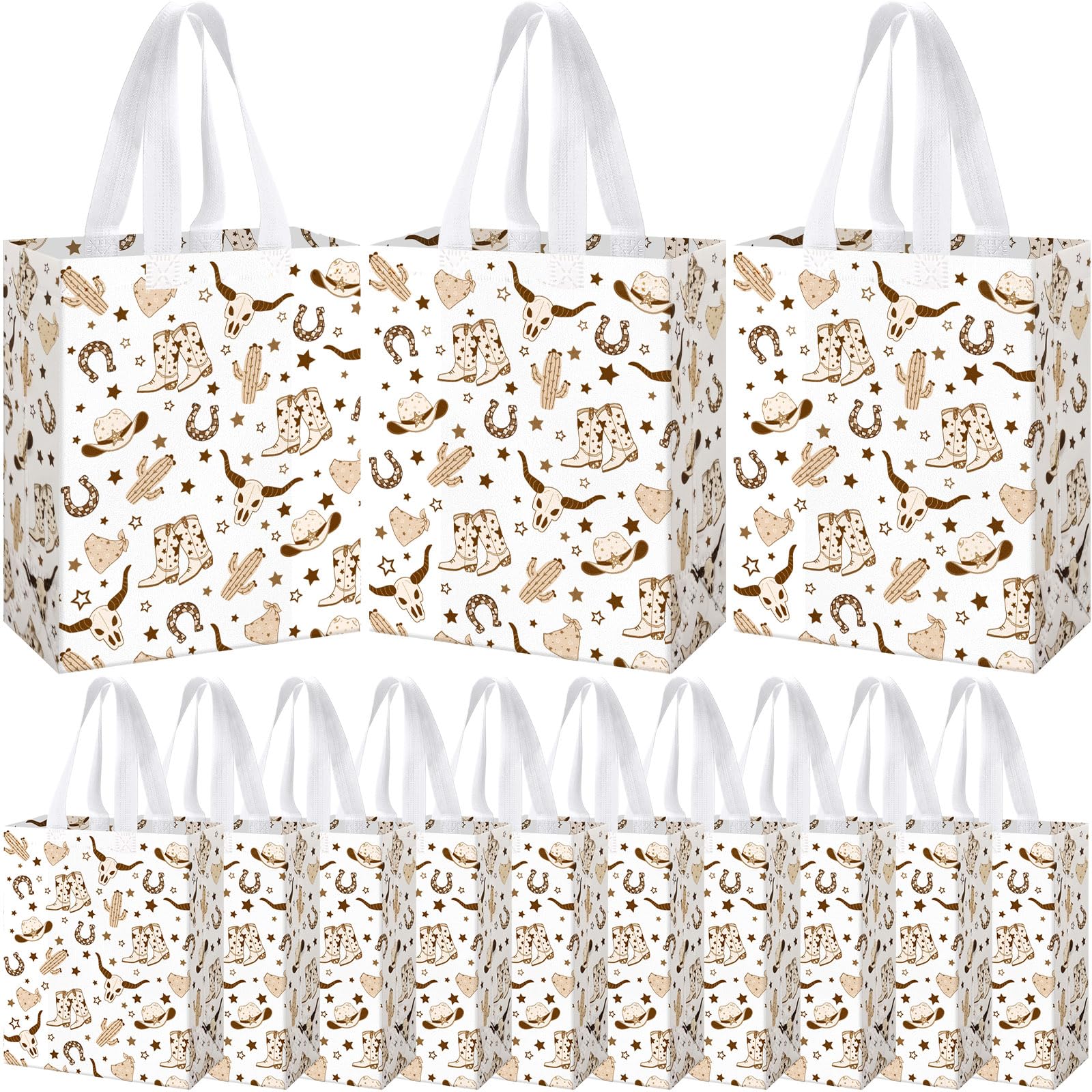 Supervitae 24 Pack Brown Cowboy Gift Bags Medium Western Cowboy Theme Party Decoration Supplies Reusable Non Woven Totes for Rodeo Birthday Themed Supplies Favor(9.8" x 7.9" x 3.9")