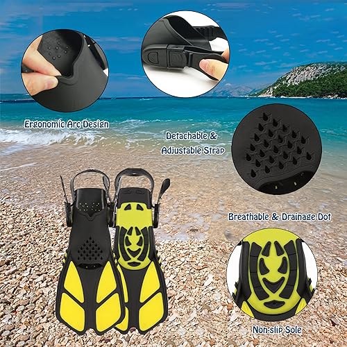 Miniatura 7 de Juego de esnórquel para niños con máscara, aletas, paquetes de esnórquel, con máscara de buceo, esnórquel, aletas ajustables para nadar, bolsa de