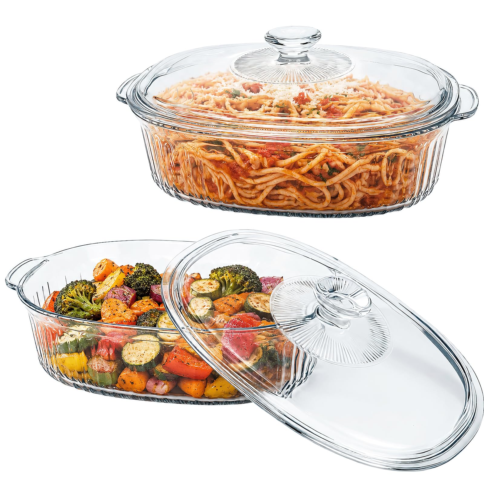2 Pack Glass Casserole Dishes with Lid, 1.8L + 2.8L Large Oval Baking Dishes for Oven, Clear Serving Dish with Handles Microwave Dishwasher Safe for Kitchen Home Restaurant Hotel