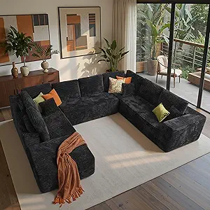 ovios Sectional Cloud Couch for Living Room, Modular Floor Sofa with Plush Corduroy, No Assembly Required, Big Comfy Couches Set with Fluffy Memory Foam, Stupendous U Shaped Sofas with Chaise, Black