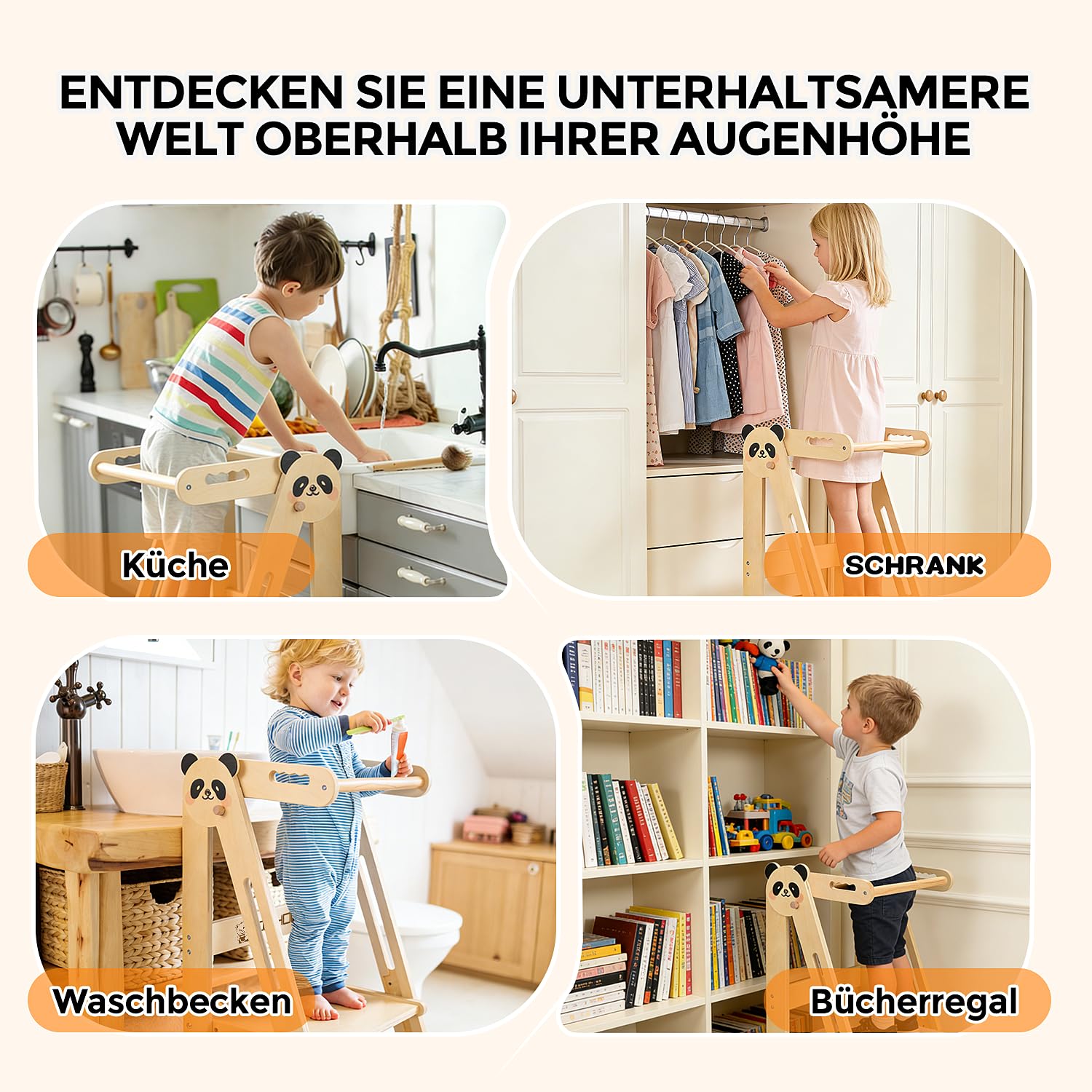 Montessori Tour d'Observation Pliable, Tabouret en Bois, Hauteur Réglable, Sécurité Anti-basculement 1 an+